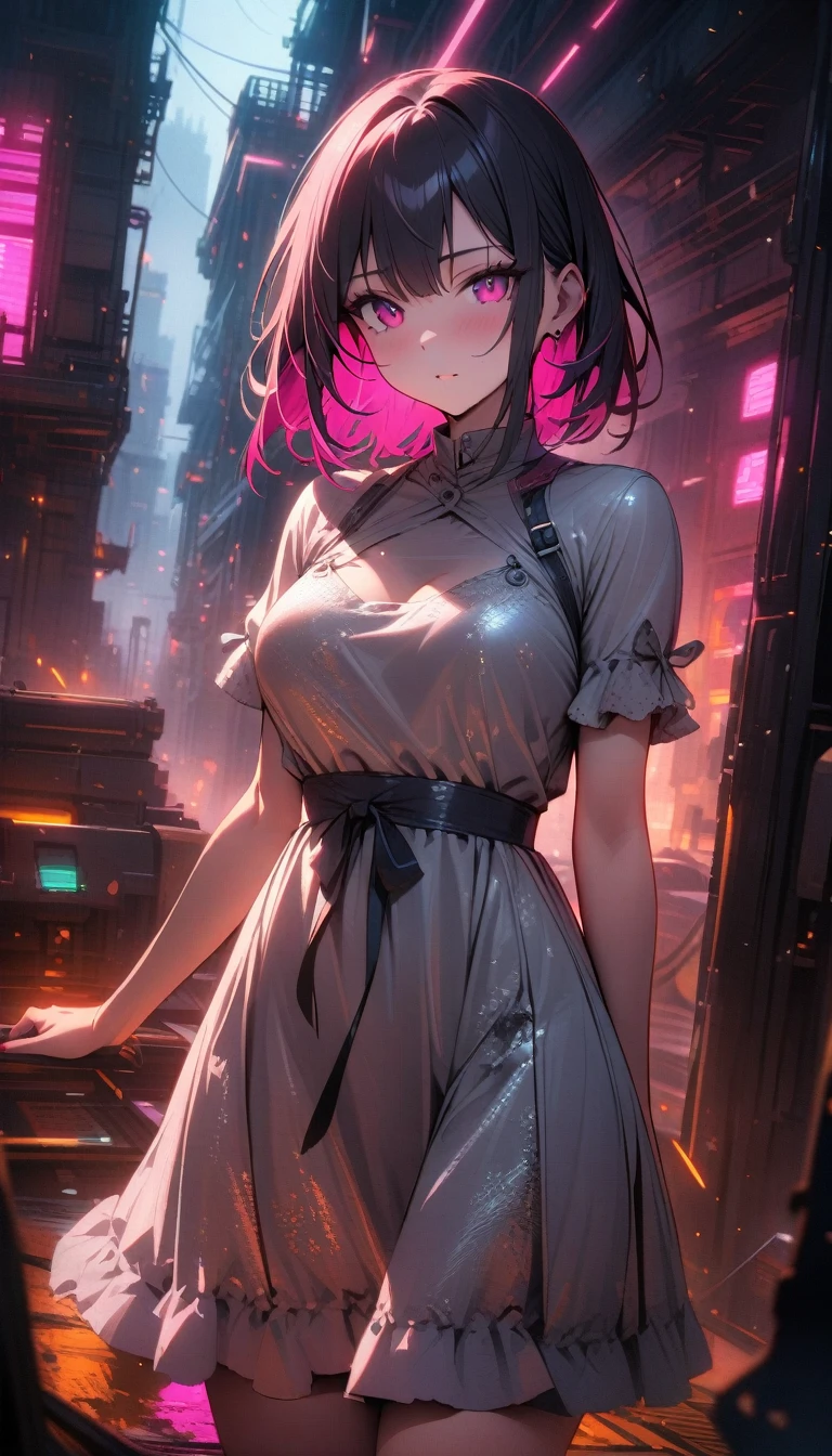 ((best quality)) , ((masterpiece)) , (detailed),Color splash, Ghostly Astronaut (Li Gong:1.3) , wearing Shabby Chic Wrap dress, has metallic plating, Colored hair, Fossil fuel power station in background