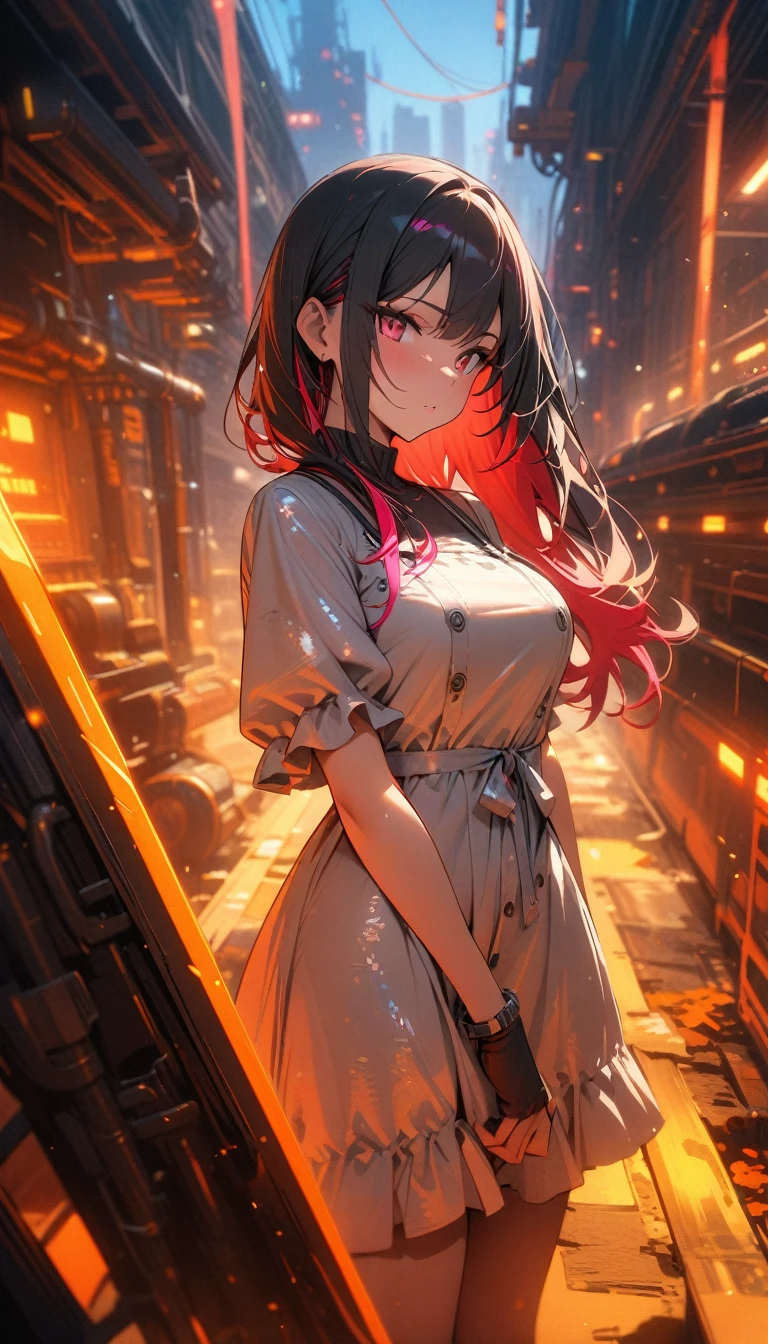 ((best quality)) , ((masterpiece)) , (detailed)，Color splash, Ghostly Astronaut (Li Gong:1.3) , wearing Shabby Chic Wrap dress, has metallic plating, Colored hair, Fossil fuel power station in background