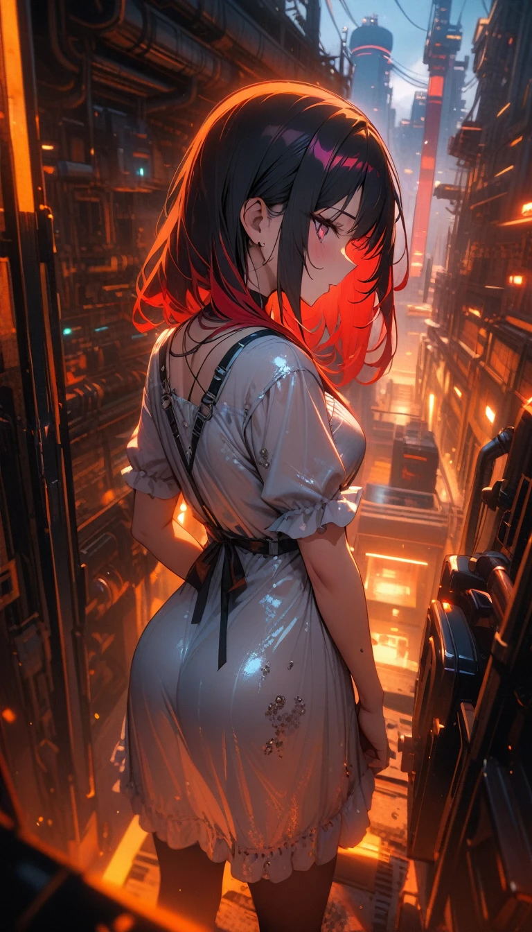 ((best quality)) , ((masterpiece)) , (detailed),Color splash, Ghostly Astronaut (Li Gong:1.3) , wearing Shabby Chic Wrap dress, has metallic plating, Colored hair, Fossil fuel power station in background