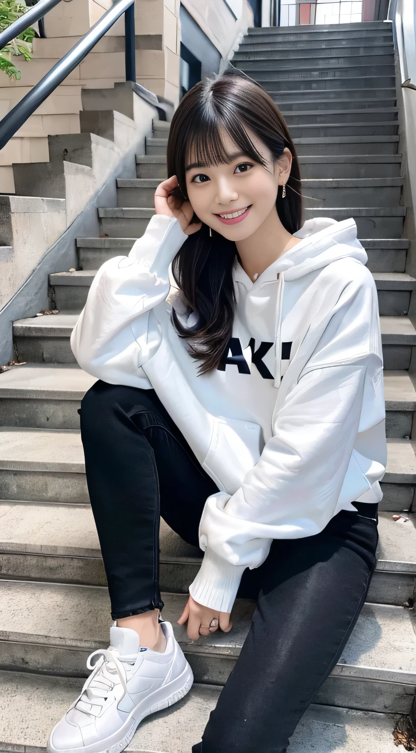 highest quality, Realistic, Very detailed, Finer details, High resolution, 8k wallpaper, One beautiful woman,Sit on the stairs、(Wear black socks)smile、(Beautiful teeth alignment、)(Gums are visible) Oversized hoodie, Skinny jeans,( Black sneakers)、Black Hair、 Beautiful Bangs、ear piercing、Perfect dynamic composition, Beautiful and detailed, Full Body Shot, A big smile