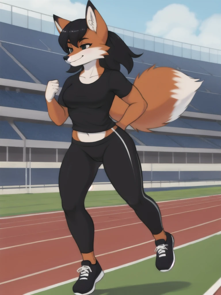 Furry, fox, female, black shirt, black leggings, shoes, running track, solo, full body