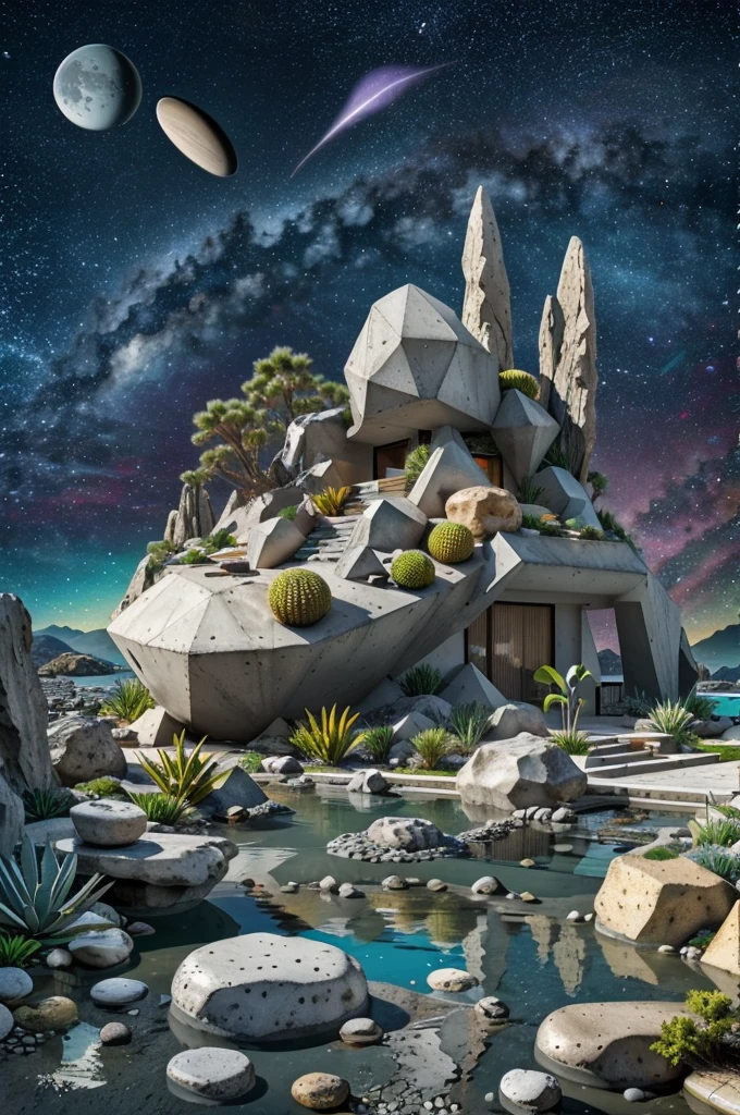 Abstract & Organic Shapes, Texturas, concrete, vidrio, piedras, Grandes rocas, piscina reflectante, (((A small bridge))), en el espacio, luna, jupiter, Organic sculptures in concrete with violet color, espacio exterior, milky way, Meteoritos, vulcano, Small river and lake, Modern, minimalist cottage on the edge, An illustration in collage style, con rocas gigantes, Brutalist construction sections, escalera, cacti, Agave, concrete texture, Multiple geometric shapes, Hatching & Cross Striping, Planeta Saturno, vulcano, luna, Architectural-style construction by Luis Barragán