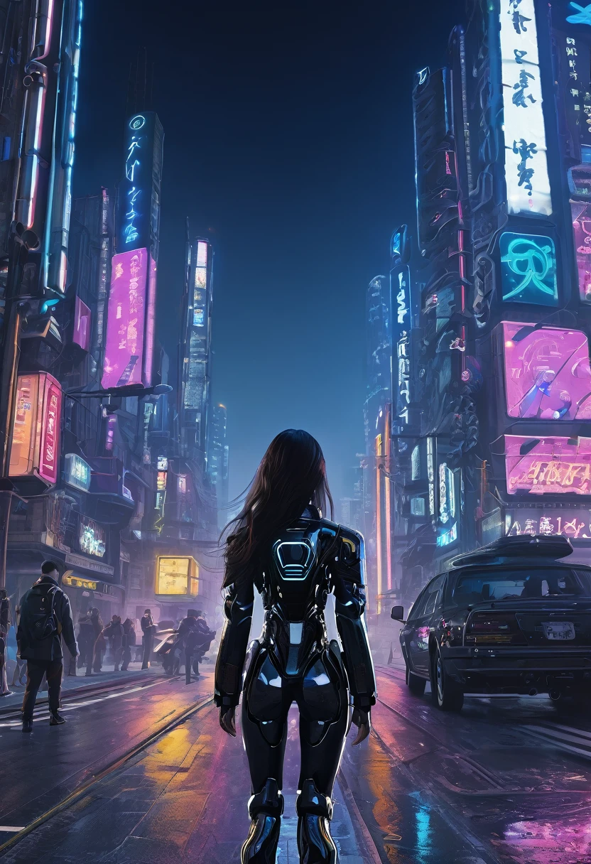 ((masterpiece)),((Highest quality)),((Attention to detail)),((Realistic,)) One Woman、Long Hair、Patent leather suit、Back view、Gazing into the distance、cyberpunk world、Stand in the middle of the street、night、mysterious、Beautiful sight、Panorama、Robot World