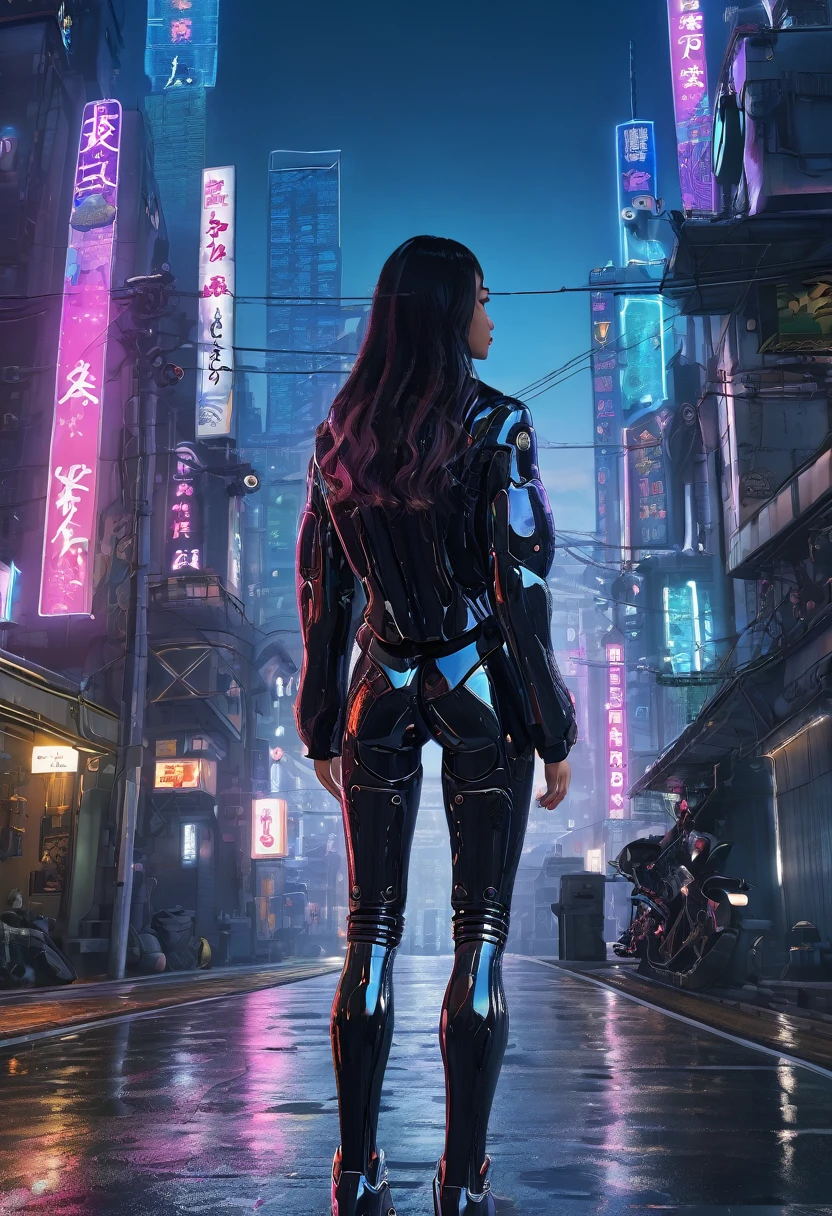 ((masterpiece)),((Highest quality)),((Attention to detail)),((Realistic,)) One Woman、Long Hair、Patent leather suit、Back view、Gazing into the distance、cyberpunk world、Stand in the middle of the street、night、mysterious、Beautiful sight、Panorama、Robot World