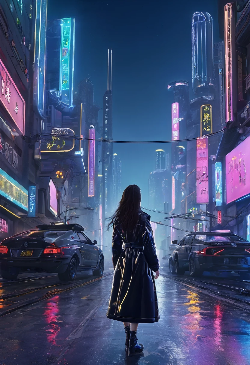 ((masterpiece)),((Highest quality)),((Attention to detail)),((Realistic,)) One Woman、Long Hair、Patent leather suit、Back view、Gazing into the distance、cyberpunk world、Stand in the middle of the street、night、mysterious、Beautiful sight、Panorama、Robot World