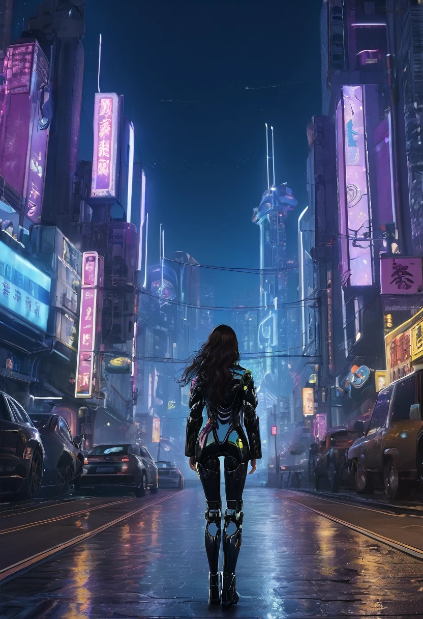 ((masterpiece)),((Highest quality)),((Attention to detail)),((Realistic,)) One Woman、Long Hair、Patent leather suit、Back view、Gazing into the distance、cyberpunk world、Stand in the middle of the street、night、mysterious、Beautiful sight、Panorama、Robot World