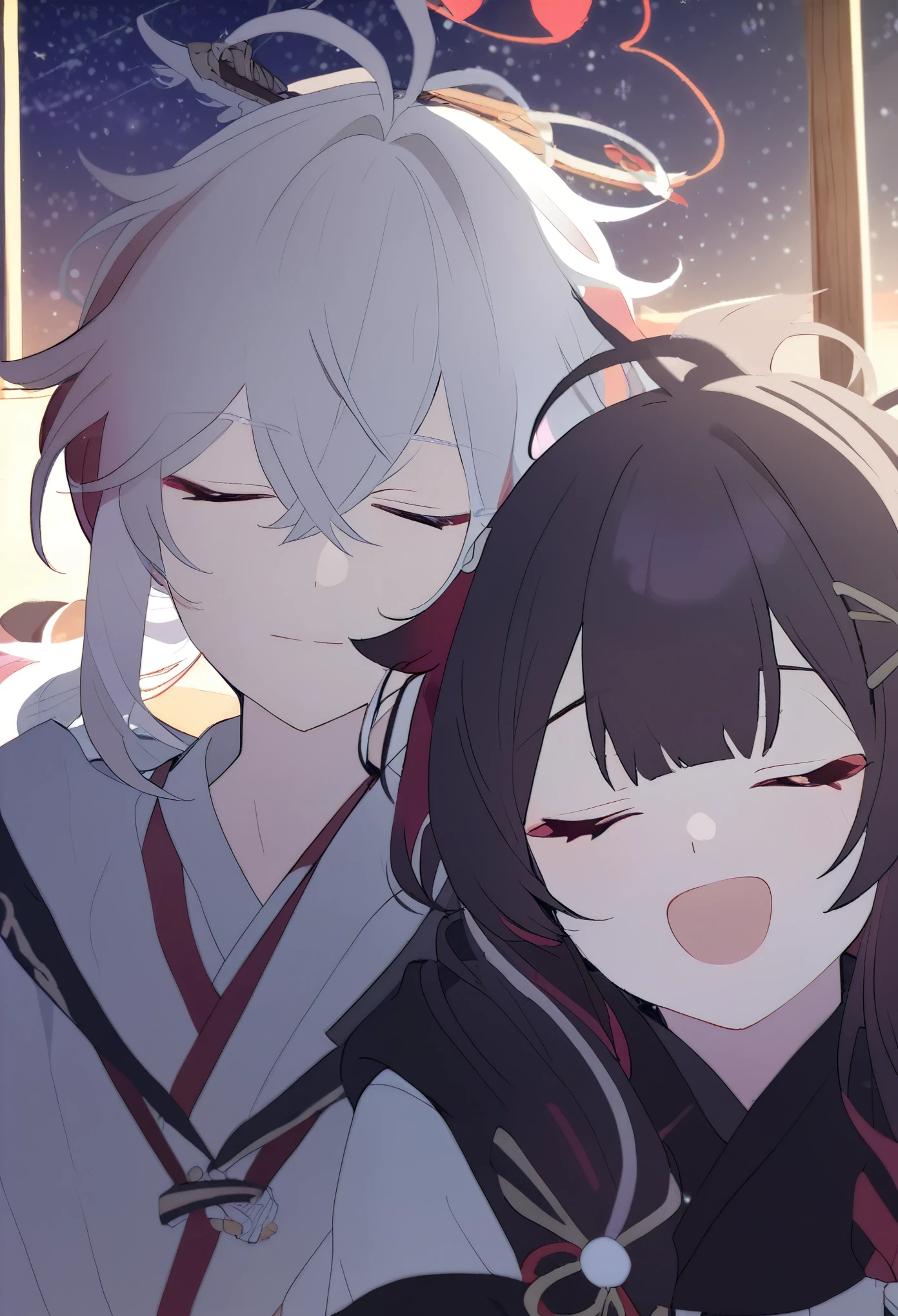 man and woman couple, couple, under the stars, at night, a little stuck, 1 girl, Columbina, multicilor hair, two color hair, colored inner hair, decoration for your hair, black fur, dark fur, with red outline, Closed eyes, 1 chico, Kaedehara Kazuha, white hair with a red streak, hair ornament