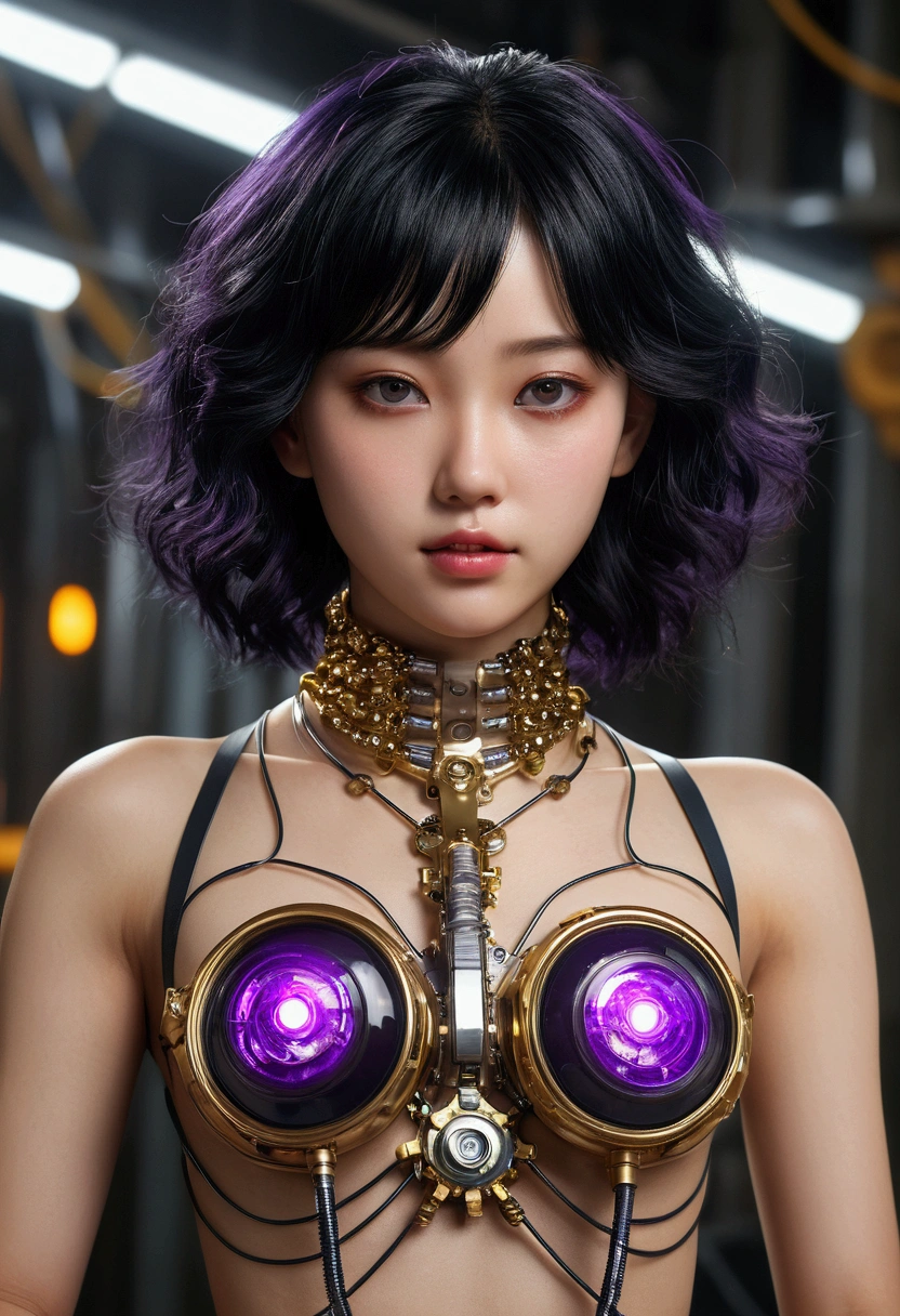 best quality、masterpiece、Ultra-high resolution、(Photo-realistic:1.4)、original photo、1 girl、black hair、shiny skin、Vaporpunk女孩、((surreal details))、Portrat、Full-area lighting、shadow、Octane Rendering、8k、Super sharp、Big 、Bare raw skin at cleavage、Vaporpunk、metal、golden gear、Hydraulic cylinder、Intricate jewelry details、Godelori details、Luminous tube、extremely intricate details、realistic light、CG social trends、Purple Eyes、radiant eyes、face camera、Neon details、mechanical limbs、Blood vessels connect to tubes mechanically attached to the vertebrae in the back、Mechanical cervical spine fixation in the neck、Sit on it、Wires and cables connected to the head、small LED light、背景是未來的Vaporpunk城市、