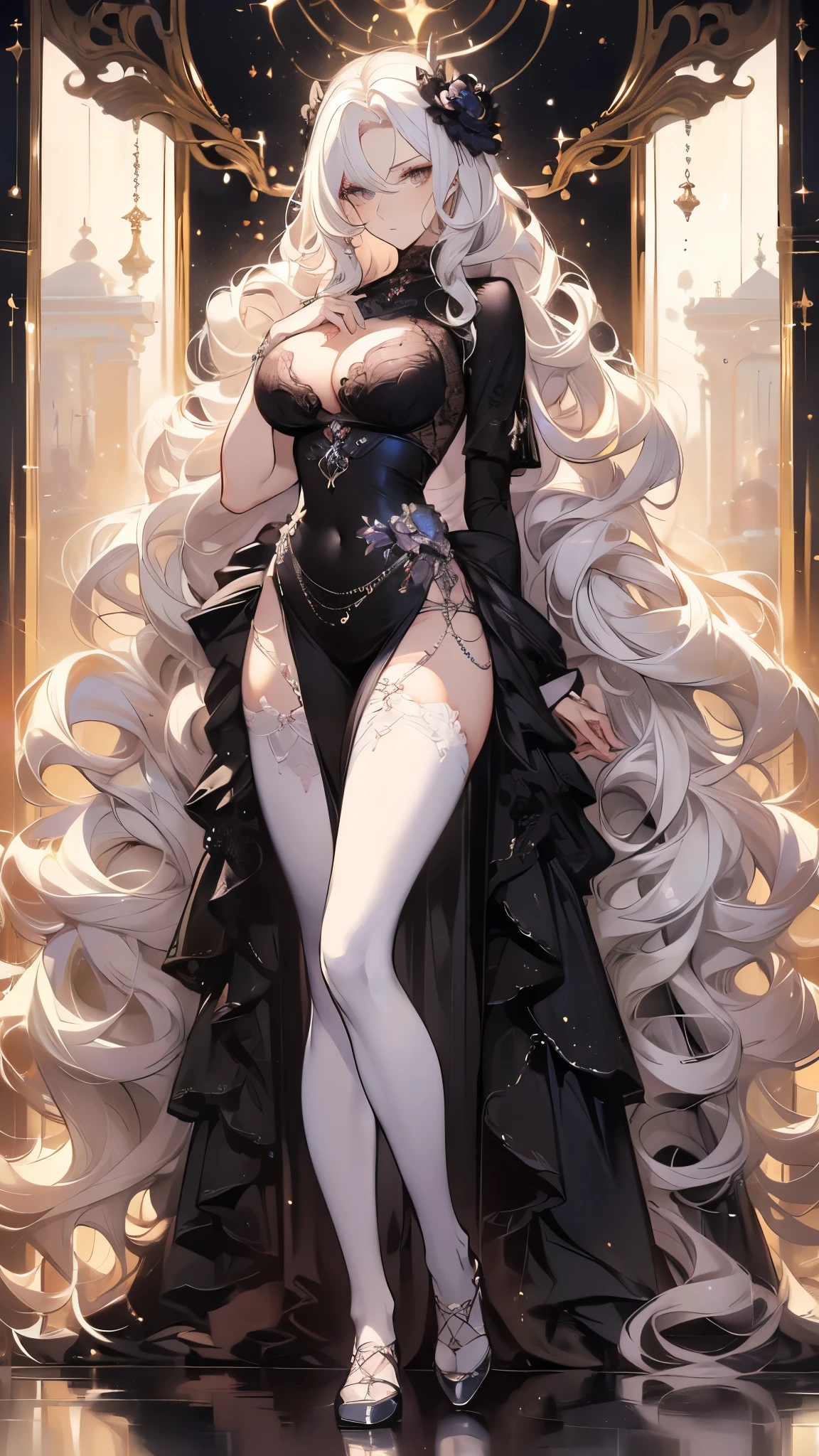((masterpiece, best quality)), Delicate face,JK style,Full body painting,Perfect body proportions,Large Breasts,Long legs,((Long wavy hair)), ((Half of her hair is white,The other half is black,Available in two colors)),beautiful eyes,Fantasy style,Extremely beautiful,transparent,_underwear,Lace