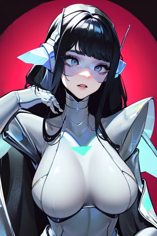 empty eyes,robotized woman ,big bust,Robot Joint ,Metal skin,Black Suit,long hair