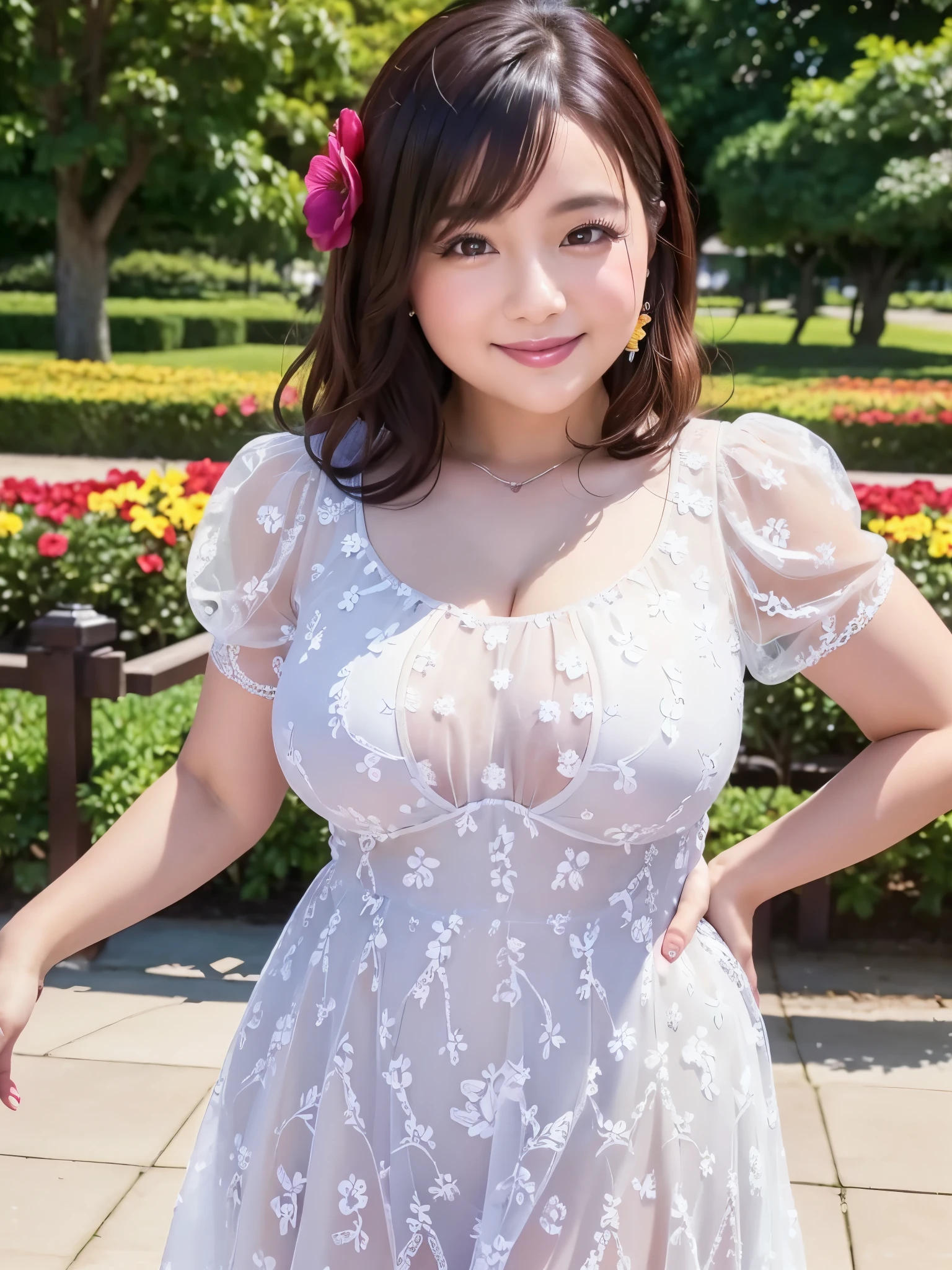 A beautiful and hot almost chubby mature woman.who is wearing a patterned short dress and is and standing in the park. A smiling face、sexy woman、A radiant smile、adorable、race、Frills、Colorful design、Full-length mirror、An inviting gaze、Gorgeous long and beautiful hairstyle、variation Hairstyle、Open neck blouse、Flower Garden、(flower:1.2)、Full body photo、((Delicately decorated dress))、1人の女の子,
