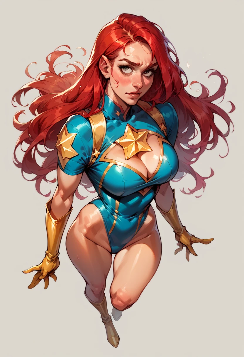 masterpiece,Sexy, Superheroine, Red hair, long hair, busty, ((blue highleg leotard with a t-back thong and a gold star insignia on chest)), gold boots, gold gloves, curvy, ((cleavage cutout)), 