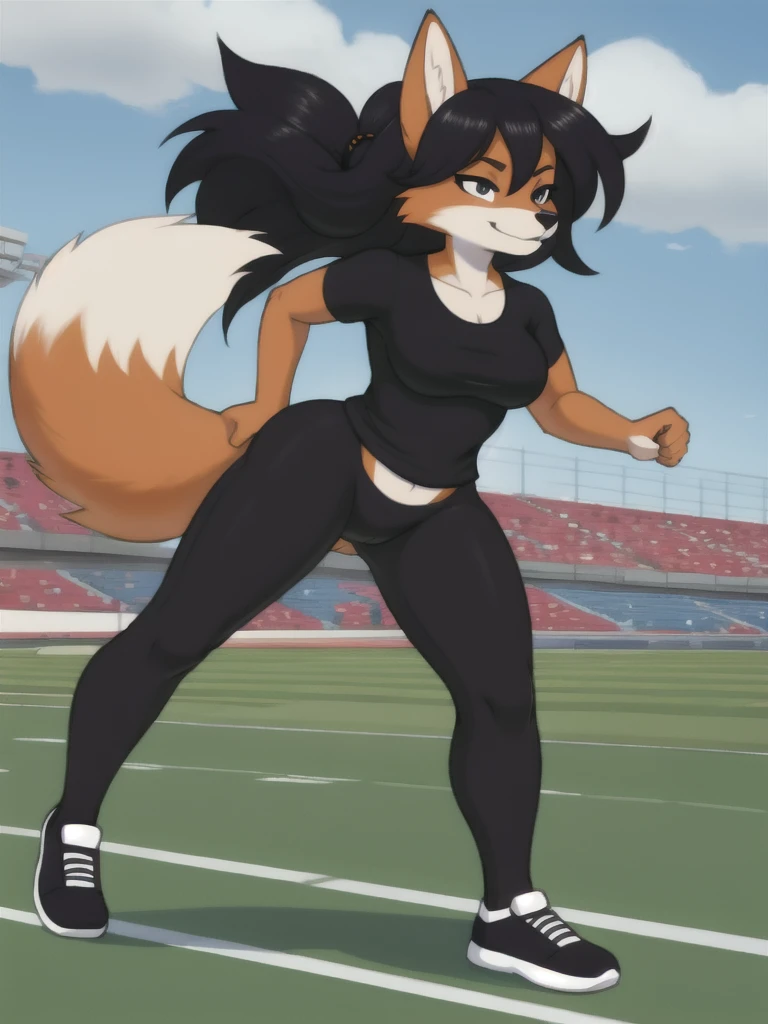Furry, fox, female, black shirt, black leggings, shoes, running track, solo, full body