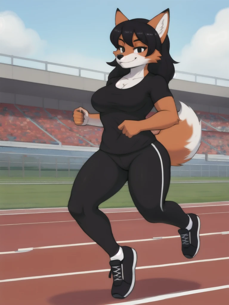 Furry, fox, female, black shirt, black leggings, shoes, running track, solo, full body