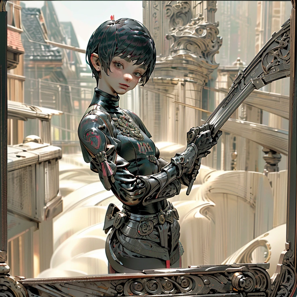 (High resolution) (Ultra-detailed) (Realistic) (Photographic) (A girl wearing black and crimson futuristic armor based on a European dragon motif:1.4) Beautiful French girl ((Very Short Pixie Haircut:1.4)) Resembles a beautiful Hollywood actress baby face almond eyes Roman nose Thin, straight lips Thin eyebrows Noble family (Holding a rose-decorated sniper rifle) In the city