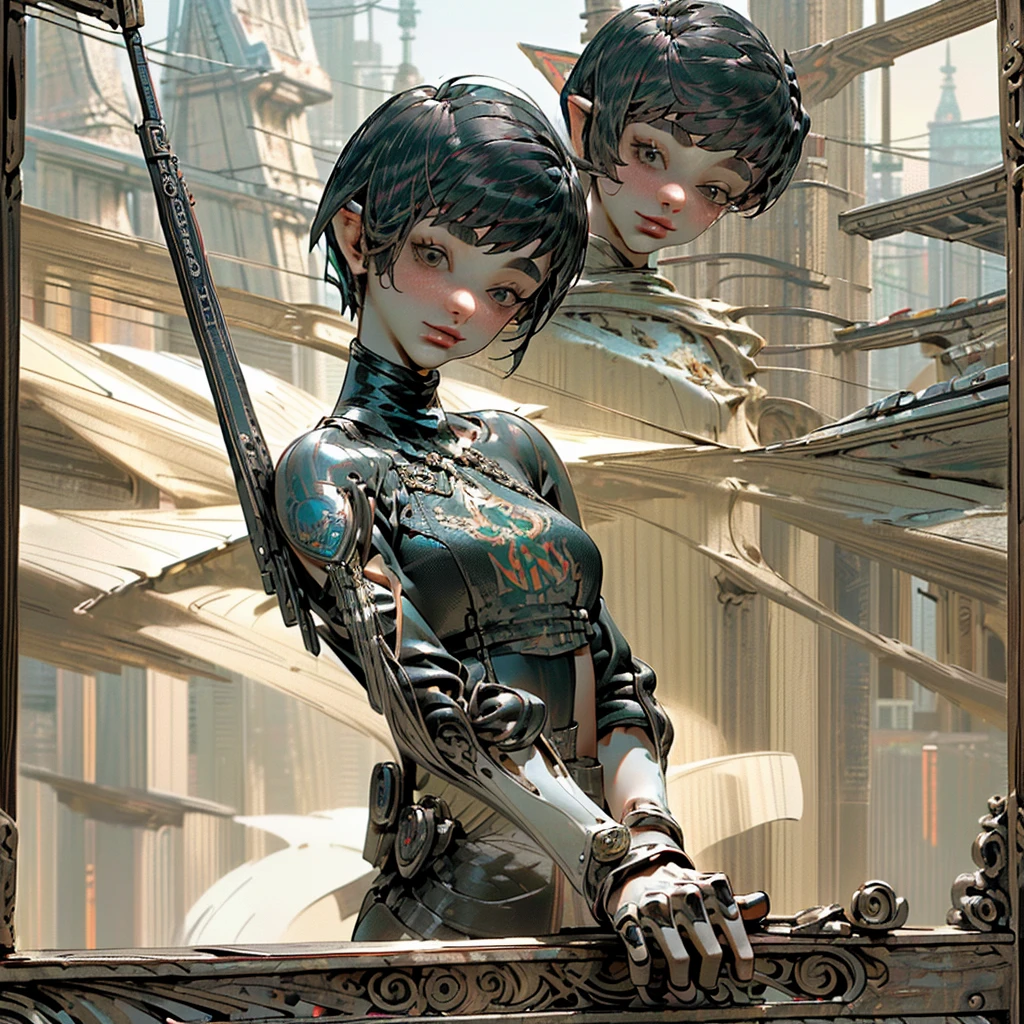 (High resolution) (Ultra-detailed) (Realistic) (Photographic) (A girl wearing black and crimson futuristic armor based on a European dragon motif:1.4) Beautiful French girl ((Very Short Pixie Haircut:1.4)) Resembles a beautiful Hollywood actress face almond eyes Roman nose Thin, straight lips Thin eyebrows Noble family (Holding a rose-decorated sniper rifle) In the city