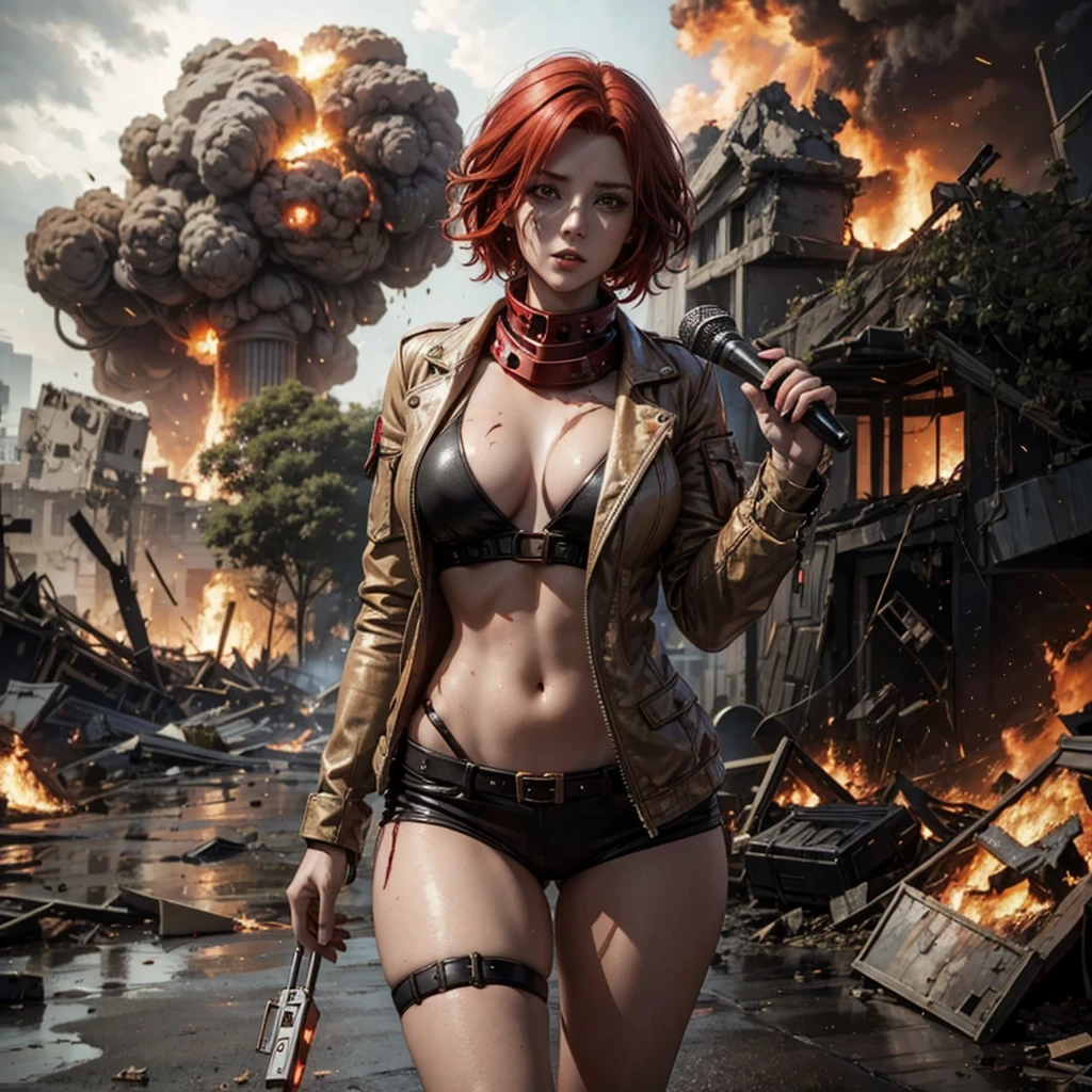 A female reporter with red hair holding a mic, A doomsday scene, chaotic, destruction, explosion, burning, meteorites rained down on the earth, post-apocalyptic