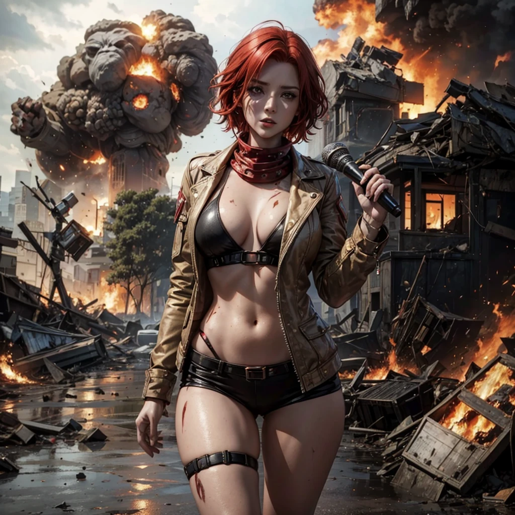 A female reporter with red hair holding a mic, A doomsday scene, chaotic, destruction, explosion, burning, meteorites rained down on the earth, post-apocalyptic