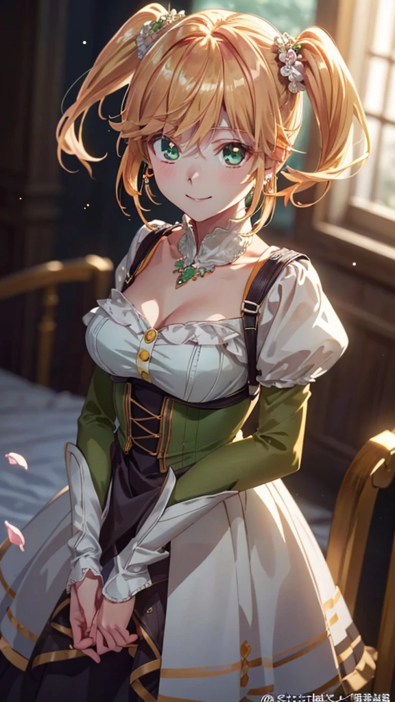 masterpiece, Highest quality,One Girl、 (Anime illustration style:1.5),tart 、Blonde hair shines in the backlight,(Beautiful clear hair:1.15)Twin tails、Closed Mouth、smile、Absolute reference to center, Platinum Earrings, Platinum Necklace, Orange dress, 1 girl, cute, (Dynamic Lighting:1.5), Cinema Lighting, Delicate features, Beautiful green eyes、Beautiful Eyes, Sharp pupils, Realistic student, Depth of written border, bokeh, Sharp focus, (Very detailed, bloom, Shine:1.5), (ShineMany little gems:1.3)、(Genuine、Realistic、Realistic)、High resolution、超High resolution、Ultra-fine painting、Large Breasts、Sharp focus、Physically Based Rendering、Cowboy Shot