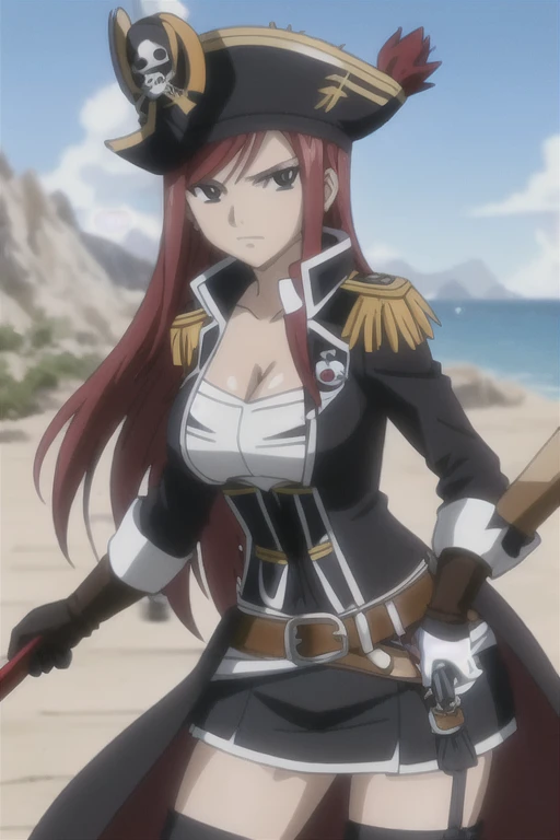 1girl, solo, Erza Scarlet, Fairy Tail, red hair, long hair, facing the viewer, looking at the viewer, sidelocks, black military uniform, black long-sleeve uniform, (trench coat), big breasts, cleavage, military utility belt, belt pouches, black military miniskirt, garter belts, gloves, black military peaked cap, black hat, smile, closed mouth