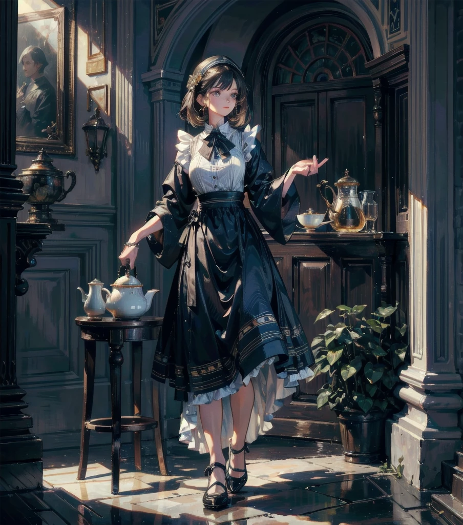 absurdres, RAW photo, extremely delicate and beautiful, masterpiece, Best Quality, ultra high resolution, 32k, hyperrealistic, ultra-detailed, Very detailed CG 8k wallpaper, detailed background, landscape, Beautiful Lighting, Perfect Lightning, Realistic Shadows, perfect anatomy, anatomically correct, perfect figure, Perfect Style, Perfect balance, super Detailed skin, in her 30s, very Slim body, narrow waist, very small head, very small face, delicate facial features, handsome detailed woman, very detailed eyes and face, realistic face proportions, Realistic beautiful face, Realistic beautiful eyes, tearful mole, earring, whole body shot, very huge round tits, medium hair, asymmetrical hair, outdoor, Beautuful Matured woman preparing tea_party in the garden, standing by the round table, dispensing a cup of tea, leaning forward, meisen's tea set, tea pot, tea cups, some cakes on dish, delicate and classy British style white table with gold accents and royal_blue, wearing light_brown maid uniform, maid costume, long flare skirts, apron, bow ties on the chest, long tall sally,