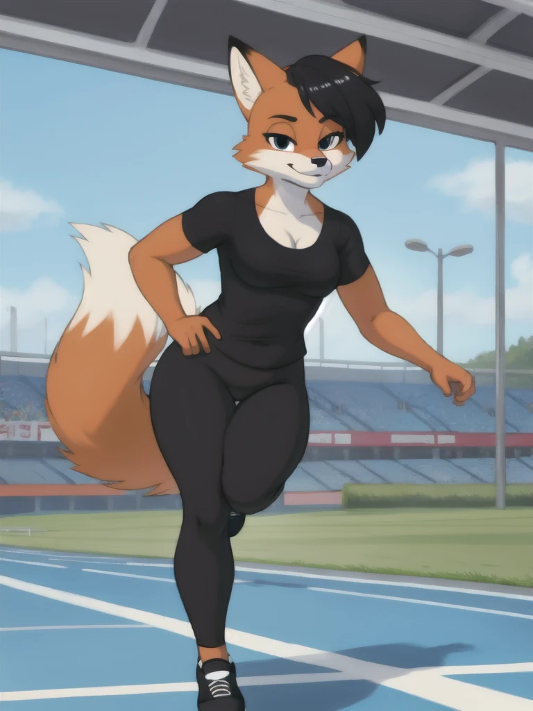 Furry, fox, female, black shirt, black leggings, shoes, running track, solo, full body