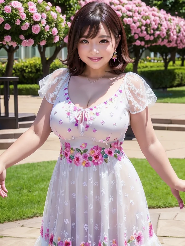 A beautiful and hot almost chubby mature woman.who is wearing a patterned short dress and is and standing in the park. A smiling face、sexy woman、A radiant smile、adorable、race、Frills、Colorful design、Full-length mirror、An inviting gaze、Gorgeous long and beautiful hairstyle、variation Hairstyle、Open neck blouse、Flower Garden、(flower:1.2)、Full body photo、((Delicately decorated dress))、1人の女の子, 