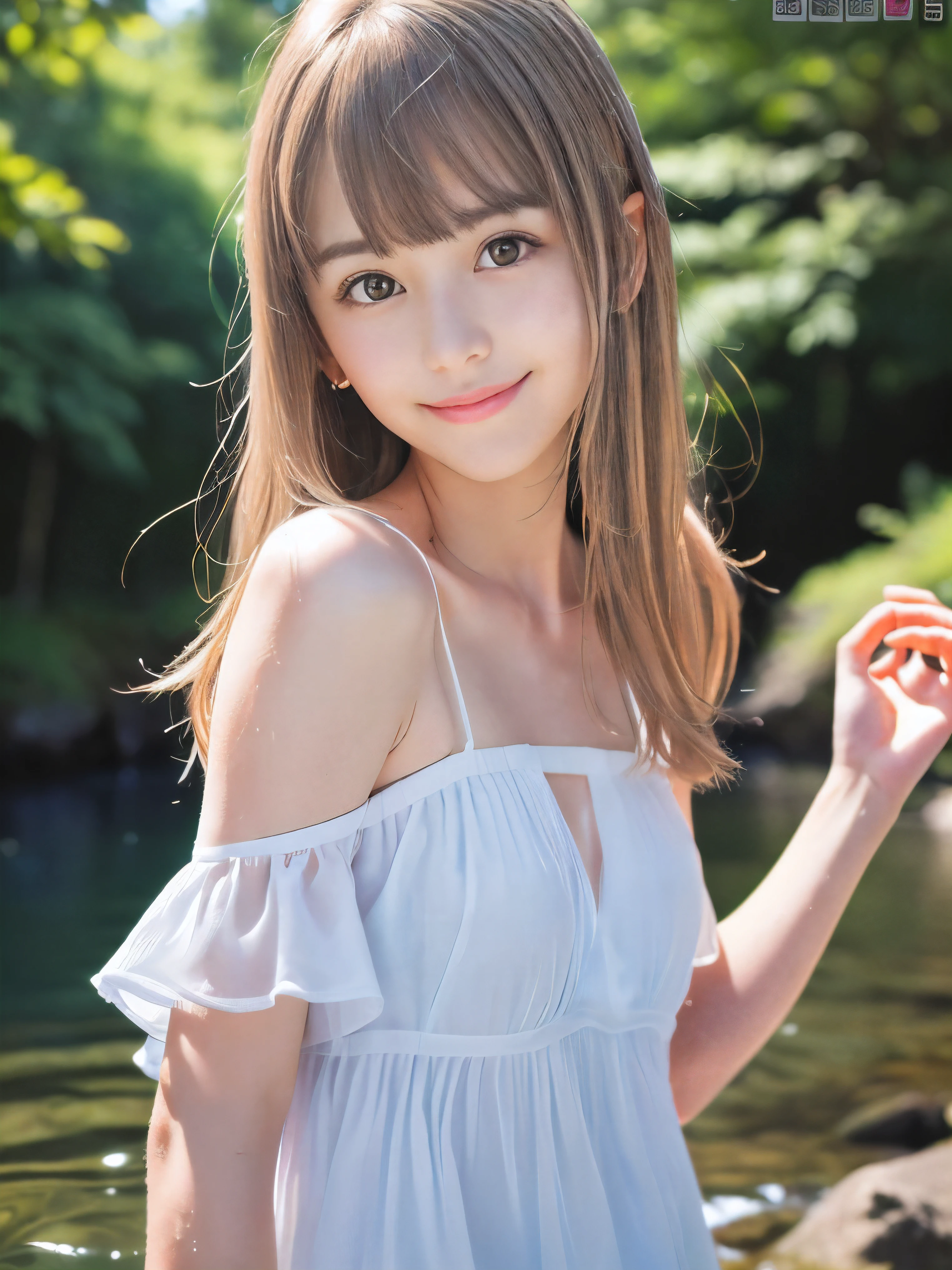 (Close up portrait of slender small-breasted half up blonde long hair with bangs girl wearing a white summer dress:1.5)、(One blonde hair girl is playing with shy smile in the clear stream and water fall at the forest in Japan:1.5)、(Summer beautiful blue sky and forest:1.5)、(blurred background:1.5)、(8k ultra detailed master piece:1.5)、(perfect anatomy:1.5)、(Photorealistic stick:1.5)、(Raw photo:1.3)、(highest quality:1.5)、(High resolution:1.3)、(Delicate and beautiful perfect face:1.3)、(Delicate and beautiful eye air skin:1.3)、(Real Human Skin:1.3)、((thin legs))
