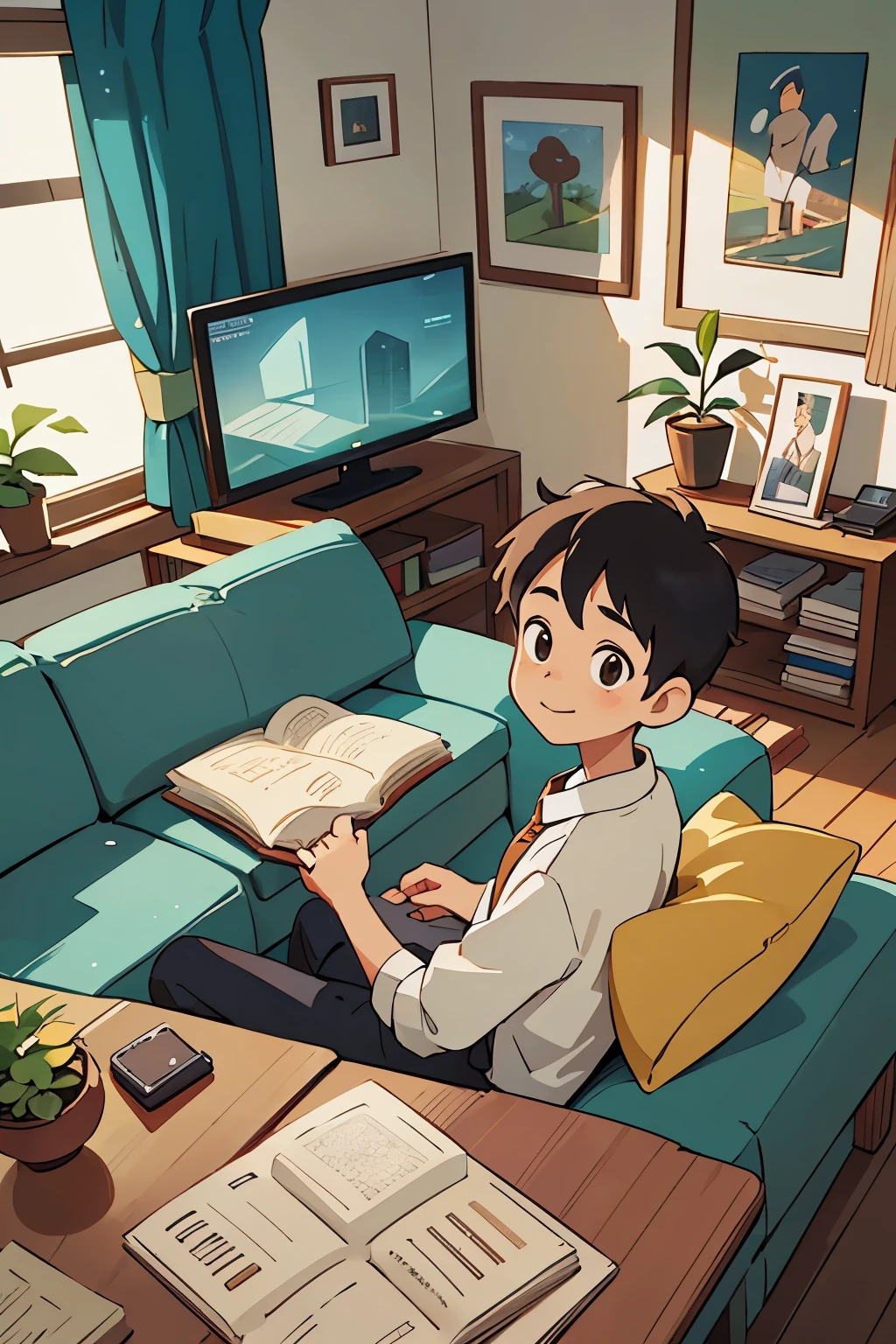 A Studio Ghibli-style animation scene depicting a businessman sitting comfortably on a sofa in his warmly lit living room, drinking the last of a can of beer. The businessman is wearing a suit with a slightly loosened tie, his head tilted back as he finishes the beer, with a look of satisfaction and refreshment on his face. The living room is detailed with a coffee table, magazines, a TV, and cozy elements like cushions, a soft rug, and a small potted plant. The background includes warm lighting and soft colors, creating an inviting and relaxing atmosphere. The entire scene is illustrated with the intricate and heartfelt details typical of Ghibli films.