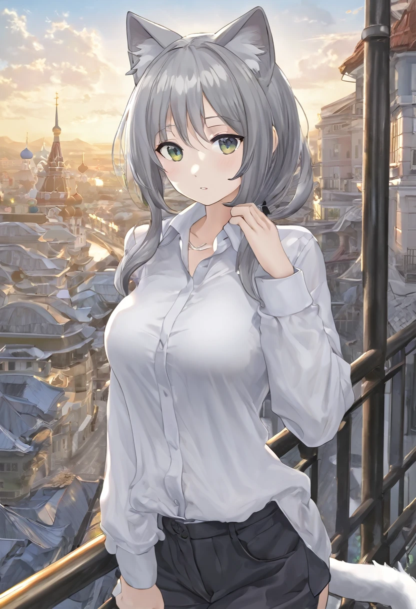 One girl, That will happen, View your viewers, Gray Hair, there is nothing, Cat ear, Feline tail, White shirt, Open clothes, Russian cities, ba-shiroko