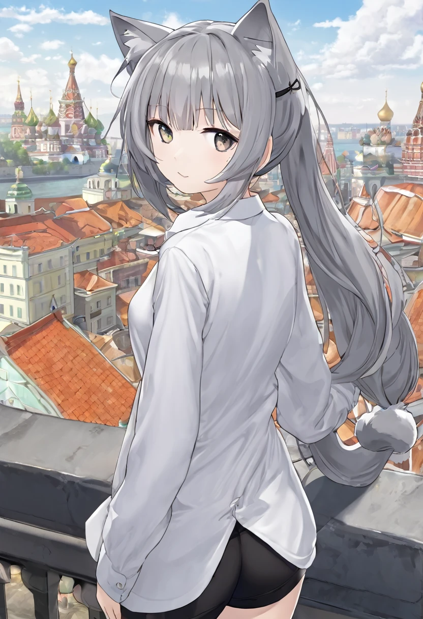 One girl, That will happen, View your viewers, Gray Hair, there is nothing, Cat ear, Feline tail, White shirt, Open clothes, Russian cities, ba-shiroko