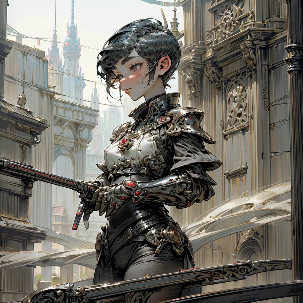 (High resolution) (Ultra-detailed) (Realistic) (Photographic)　(A girl wearing black and crimson futuristic armor based on a European dragon motif：1.4）　Beautiful French girl　((Very Short Pixie Haircut:1.4))　Resembles a beautiful Hollywood actress　baby face　almond eyes　Roman nose　Thin, straight lips　Thin eyebrows　Noble family　(Holding a rose-decorated sniper rifle)　In the city