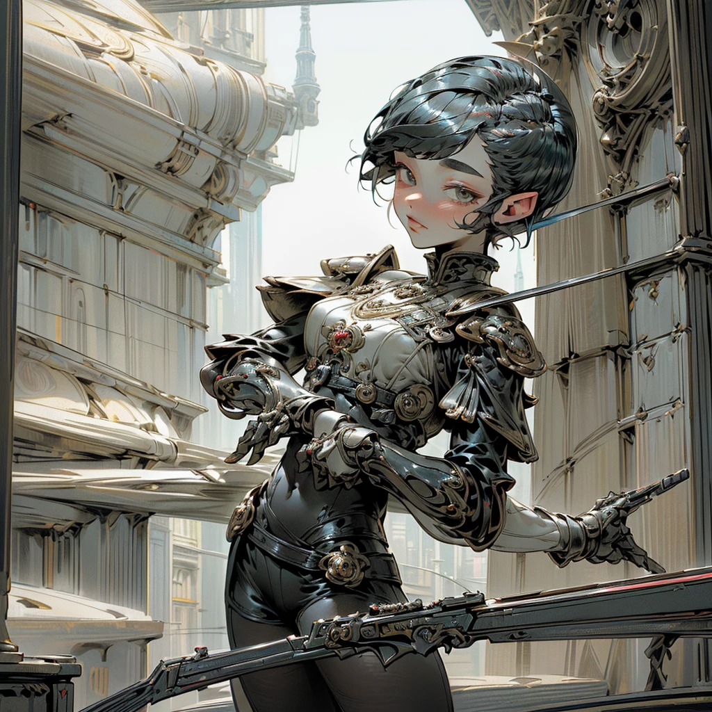 (High resolution) (Ultra-detailed) (Realistic) (Photographic) (A girl wearing black and crimson futuristic armor based on a European dragon motif:1.4) Beautiful French girl ((Very Short Pixie Haircut:1.4)) Resembles a beautiful Hollywood actress baby face almond eyes Roman nose Thin, straight lips Thin eyebrows Noble family (Holding a rose-decorated sniper rifle) In the city
