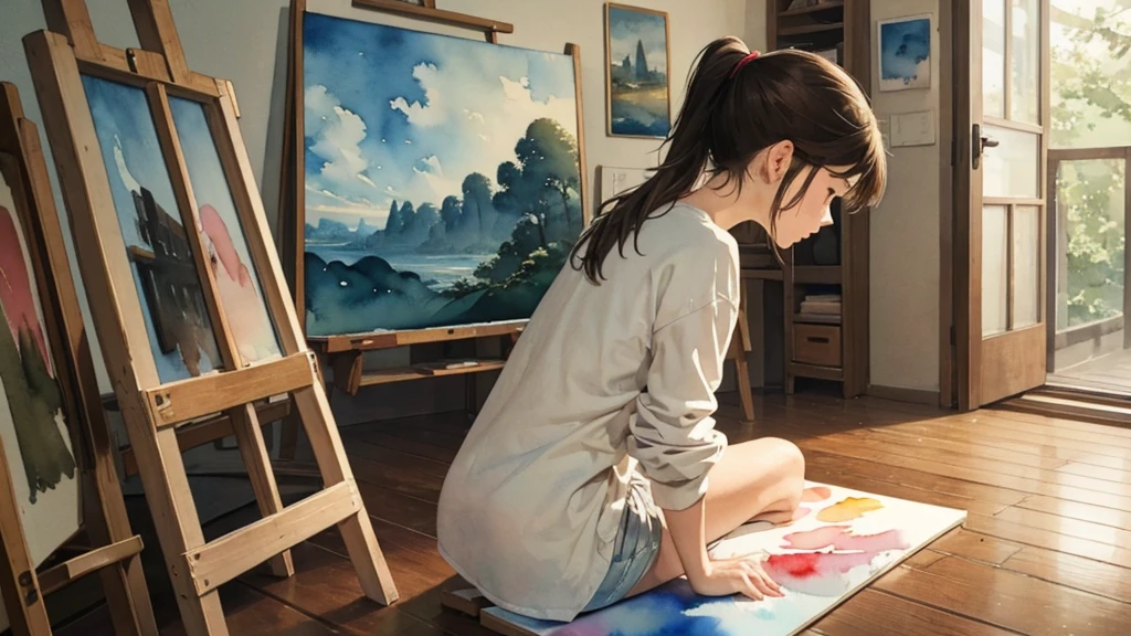 masterpiece, best quality, very aesthetic, absurdres, tegaki, (watercolor painting:1.4), 1girl, solo, painting, easel, indoors, artist, creative, serene, natural light, from behind, three-quarter view, canvas, palette, holding a brush, brunette, low ponytail, brown eyes, looking at canvas, concentrated expression, casual clothing, jeans, white shirt, sleeves rolled up, barefoot, wooden floor, art studio, walls adorned with finished paintings, peaceful, afternoon