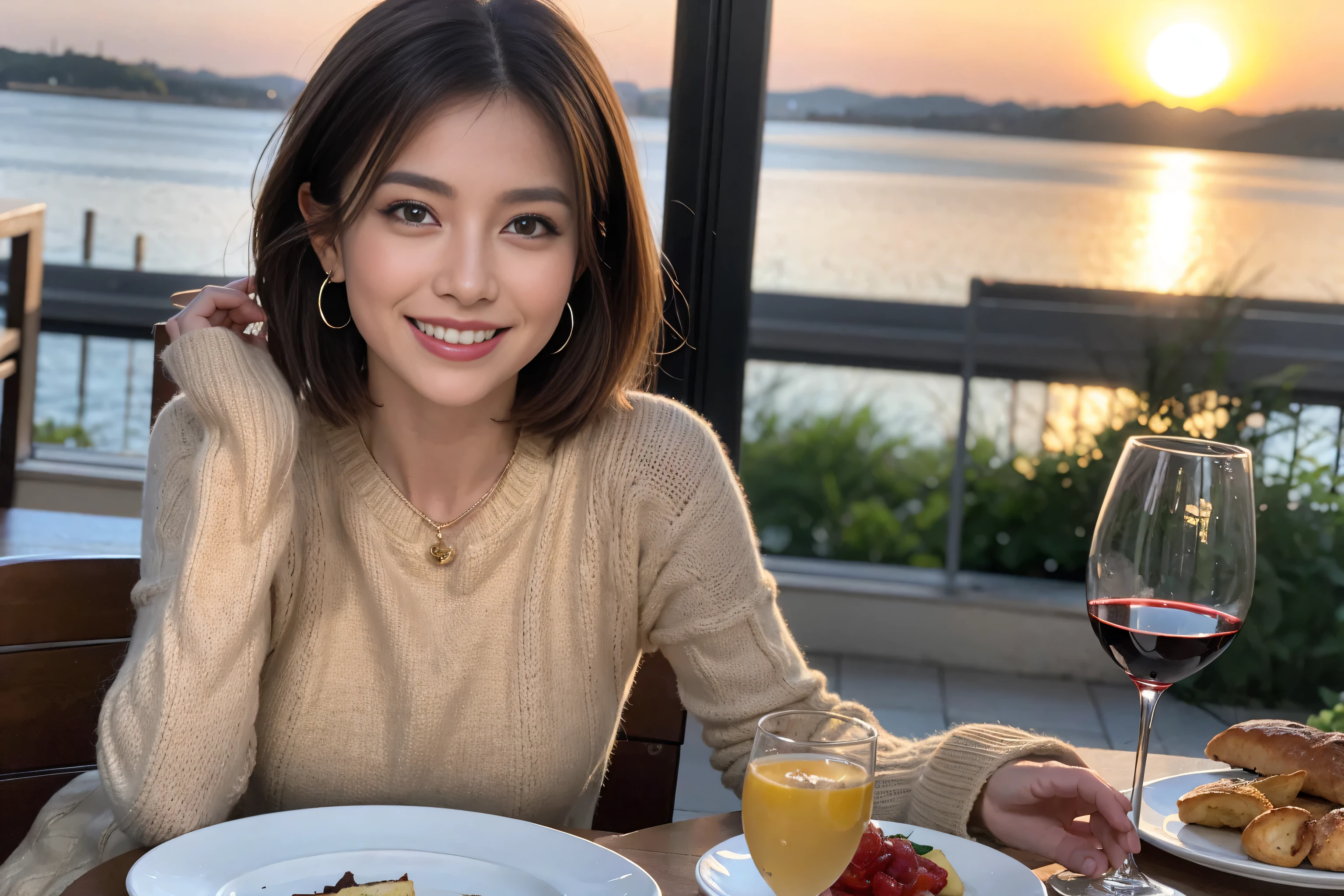 （Realistic:1.1）,(masterpiece,Highest quality)，8k,(49 years old), 47 years old, slimカップル、Model Couple、actress/actor、Tight waist,Upper Body,full-course dinner、wine 、Amazing view of the sunset sky and clouds、Perfect Anatomy, Brown Hair, short hair,Random Hairstyles,((Highly detailed face and eyes:1.2))，Perfect golden ratio face，Long sleeve shirt、dress,(smile:1.2)、Shortcuts、cute、(Realistic, Intricate details:1.2), A bright smile、short hair,Bright Face、赤wine 、Appetizers、Italian food、wine bottle、Champagne、スパークリングwine、(slimな顔), (The body is slim), (Brown Hair), (Shortcuts),  Upper Body, 白wine, slim, wineグラス, 