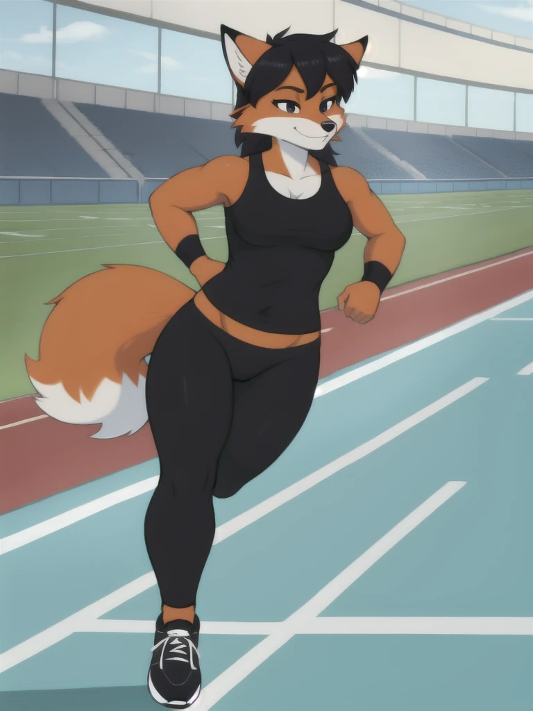 Furry, fox, female, black shirt, black leggings, shoes, running track, solo, full body