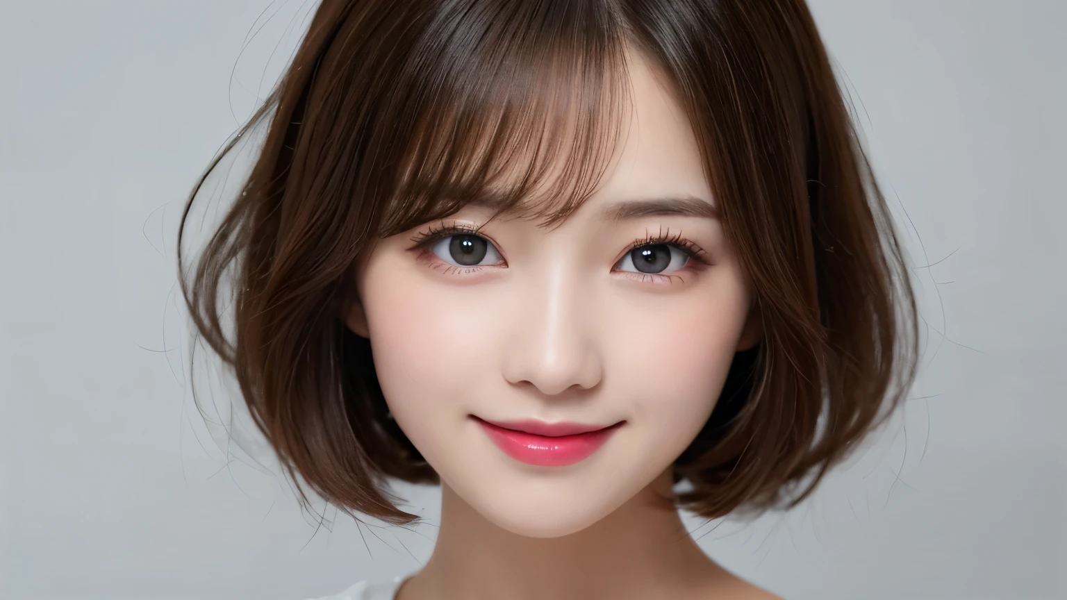 white background, half body portrait, one person only, looks happy, smile, short hair, highest quality, shape, Super detailed, finely, High resolution, 8k wallpaper, Perfect dynamic shape, beautiful and detailed eyes, D cup, natural color lip,smile、20 year old girl, Beautiful and dense face、perfect and beautiful face,Big eyes、real photos(best image quality), blouse (off white)、looking at camera、Please stand、Do gal makeup