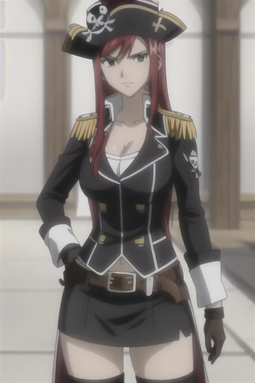 1girl, solo, Erza Scarlet, Fairy Tail, red hair, long hair, facing the viewer, looking at the viewer, sidelocks, black pirate uniform, (long sleeves), (long coat), epaulettes, big breasts, cleavage, belt, black miniskirt, gloves, black wide-brim pirate hat, black hat, closed mouth