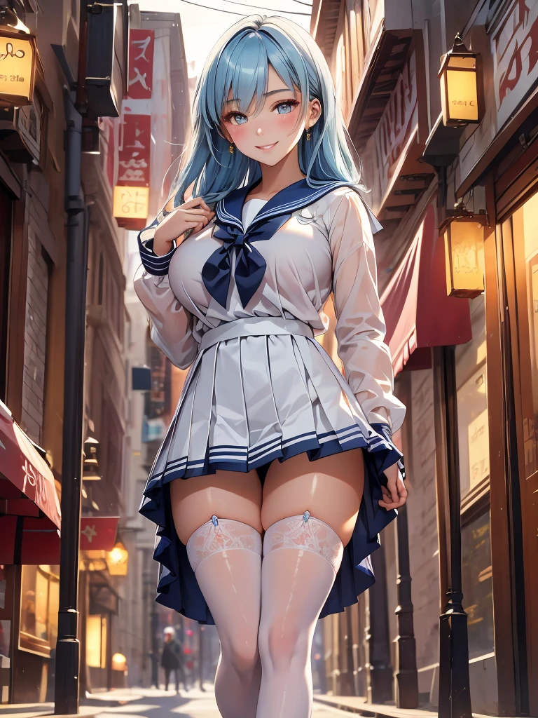 (absurdres:1.2), (ultra delicate:1.2), (masterpiece:1.2), (ultra delicate cute 1girl), (), (intricate detailed beautiful face and eyes), (ultra delicate orange-cute-eyes), (intricate detailed Iris and eyelashes), attractive lips, BREAK (absurdly long curl intricate delicate pastel blue hair and fringe), BREAK (slim body and gigantic breasts:1.0), narrow waist and leggy, beautiful curvy cute ass, BREAK (glossy realistic skin texture:1.2), (sweaty skin:0.5), precise anatomy, (happy smile), BREAK (intricate-details-sailor-suit, Over-the-knee-stockings), Night Shopping Street Carnival background, BREAK standing in the center, dynamic pose, (Crisp focus, eye focus:1.2), (full body shot, dynamic angle), professional lighting, atmospheric perspective, vibrant colors, raw photo, 18k wallpaper