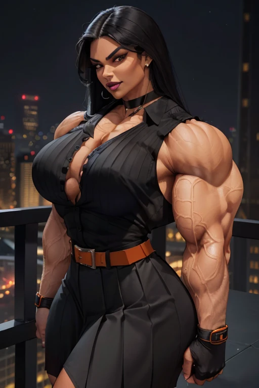 ((Close-up)), tall, (black hair) beautiful muscular woman, long straight hair, light brown skinned, closed smile, (black lipstick), big breast, (massive muscles), (hyper muscle), ((ginormous bulky muscles)), glowing orange eyes, (((black sleeveless pleated shirt))), ((black pencil skirt with belt)), (fingerless gloves), (necktie), high heels, night in rooftop,