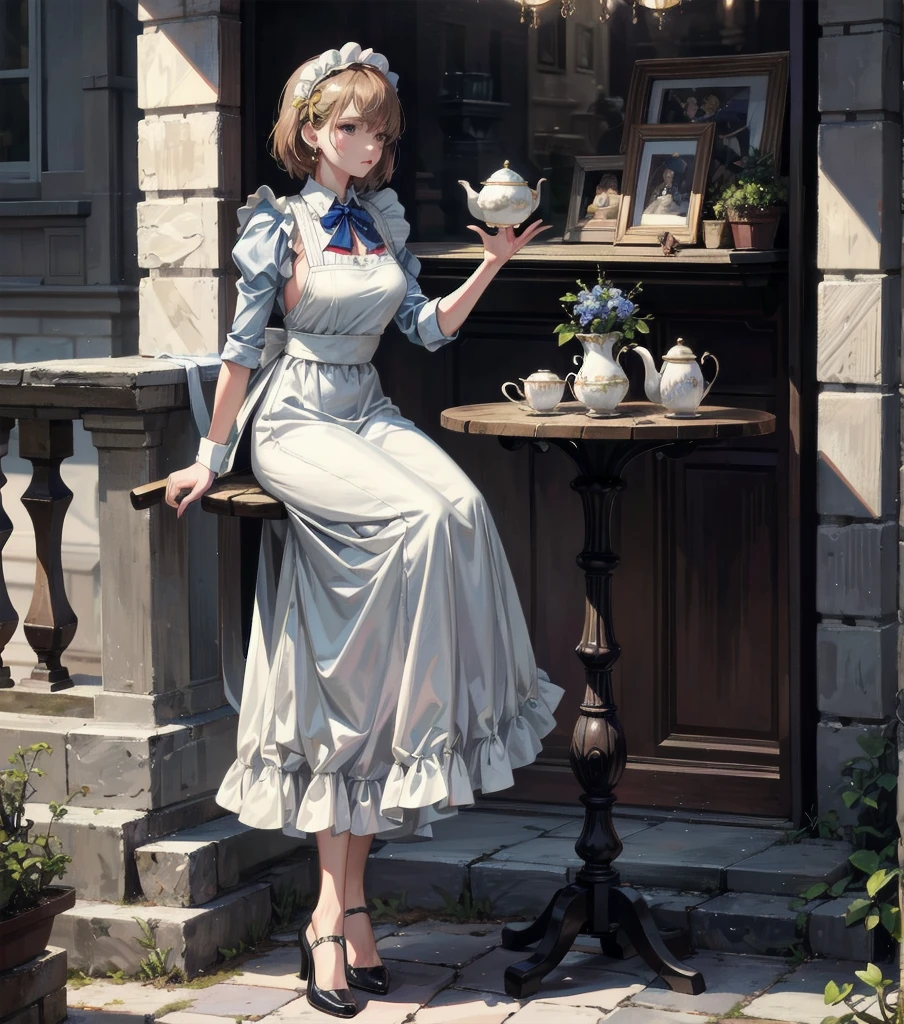 absurdres, RAW photo, extremely delicate and beautiful, masterpiece, Best Quality, ultra high resolution, 32k, hyperrealistic, ultra-detailed, Very detailed CG 8k wallpaper, detailed background, landscape, Beautiful Lighting, Perfect Lightning, Realistic Shadows, perfect anatomy, anatomically correct, perfect figure, Perfect Style, Perfect balance, super Detailed skin, in her 30s, very Slim body, narrow waist, very small head, very small face, delicate facial features, handsome detailed woman, very detailed eyes and face, realistic face proportions, Realistic beautiful face, Realistic beautiful eyes, tearful mole, earring, whole body shot, very huge round tits, medium hair, asymmetrical hair, outdoor, Beautuful Matured woman preparing tea_party in the garden, standing by the round table, dispensing a cup of tea, leaning forward, meisen's tea set, tea pot, tea cups, some cakes on dish, delicate and classy British style white table with gold accents and royal_blue, wearing light_brown maid uniform, maid costume, long flare skirts, apron, bow ties on the chest, long tall sally, 