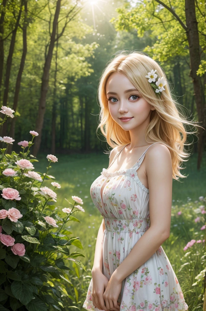 high quality, masterpiece, photo, detailing, blonde, big eyes, Glade with flowers, hyperrealism, detailing, high quality, sunlight, wind, Short dress, smile,
