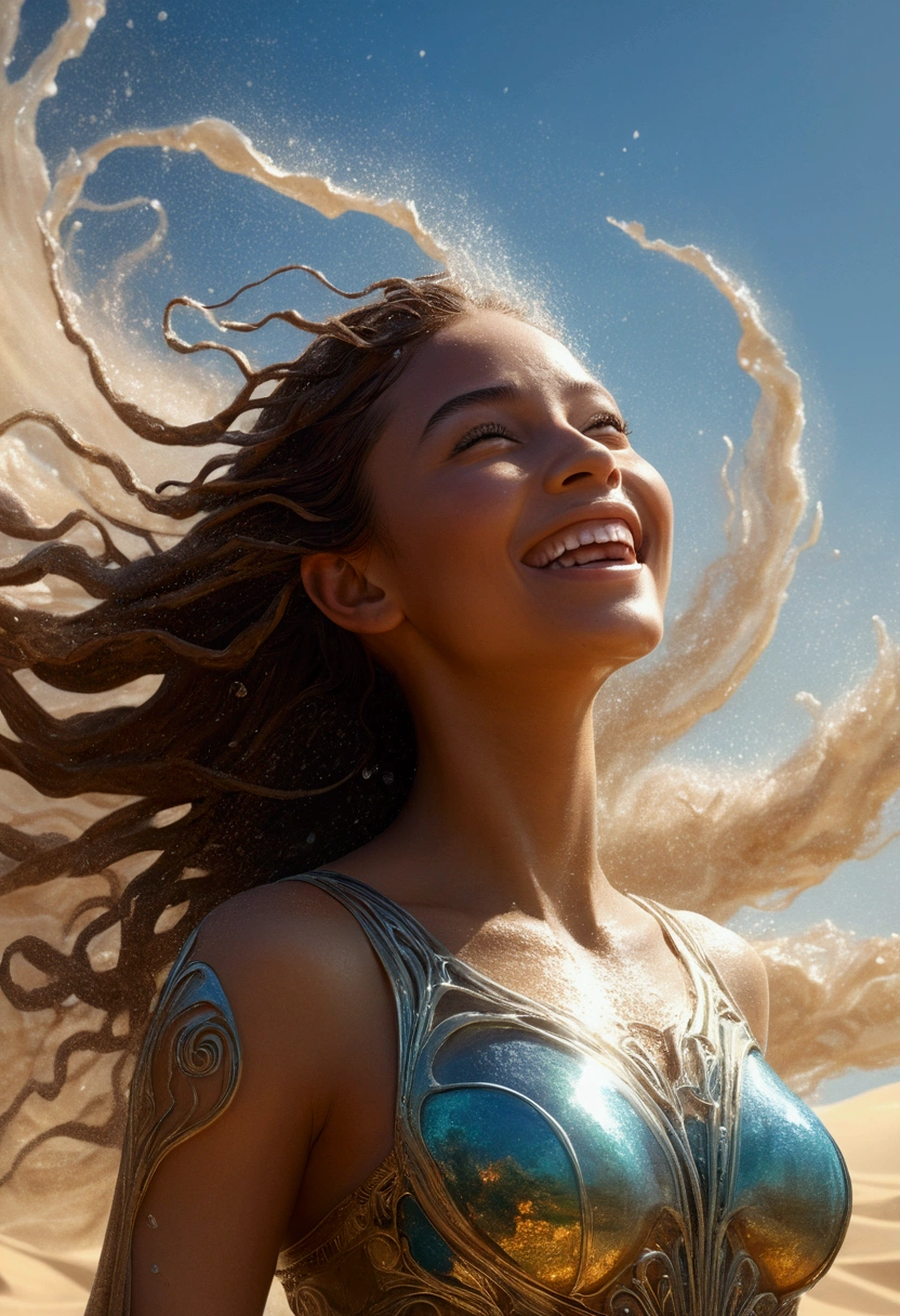 smiling gracefully, Gigantic transparent girl made of water, roars, dripping water, digital oil painting, unrealistic impressionistic fantasy art, intricate details, swirling wind in sandstorm, intricate details of sand particles in the air, beams of sky light, 4k resolution concept art, surreal, fantasy, science fiction, hyperrealistic. Cinematic lighting, dynamic pose, high resolution, incredible CG visual effects from WETA studios, double negatives, ILM., broken glass effect, no background, stunning, something that doesn't even exist, mythical being, energy, molecular, textures, iridescent and scales luminescent, breathtaking beauty, pure perfection, divine presence, unforgettable, impressive, breathtaking beauty, volumetric light, auras, rays, vivid colors reflect