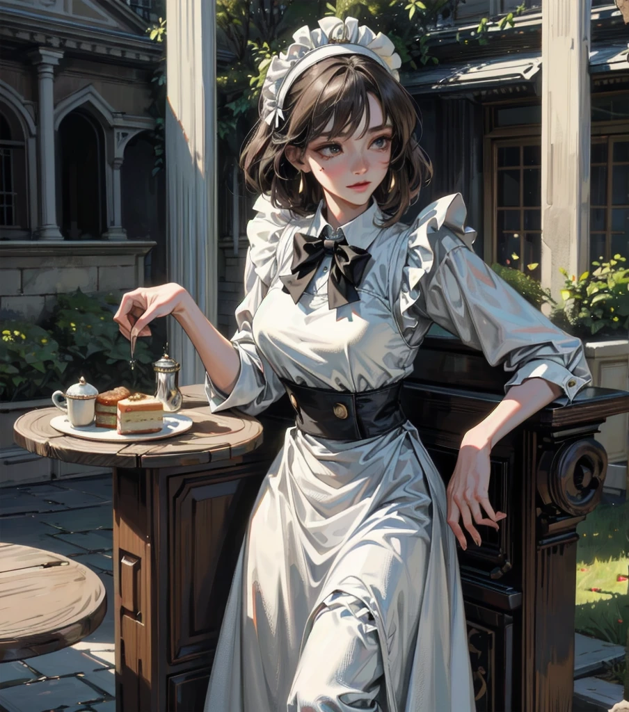 absurdres, RAW photo, extremely delicate and beautiful, masterpiece, Best Quality, ultra high resolution, 32k, hyperrealistic, ultra-detailed, Very detailed CG 8k wallpaper, detailed background, landscape, Beautiful Lighting, Perfect Lightning, Realistic Shadows, perfect anatomy, anatomically correct, perfect figure, Perfect Style, Perfect balance, super Detailed skin, in her 30s, very Slim body, narrow waist, very small head, very small face, delicate facial features, handsome detailed woman, very detailed eyes and face, realistic face proportions, Realistic beautiful face, Realistic beautiful eyes, tearful mole, earring, whole body shot, very huge round tits, medium hair, asymmetrical hair, outdoor, Beautuful Matured woman preparing tea_party in the garden, standing by the round table, dispensing a cup of tea, leaning forward, meisen's tea set, tea pot, tea cups, some cakes on dish, delicate and classy British style white table with gold accents and royal_blue, wearing light_brown maid uniform, maid costume, long flare skirts, apron, bow ties on the chest, long tall sally,
