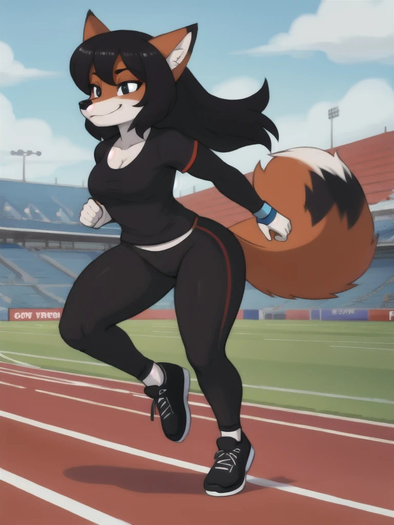 Furry, fox, female, black shirt, black leggings, shoes, running track, solo, full body