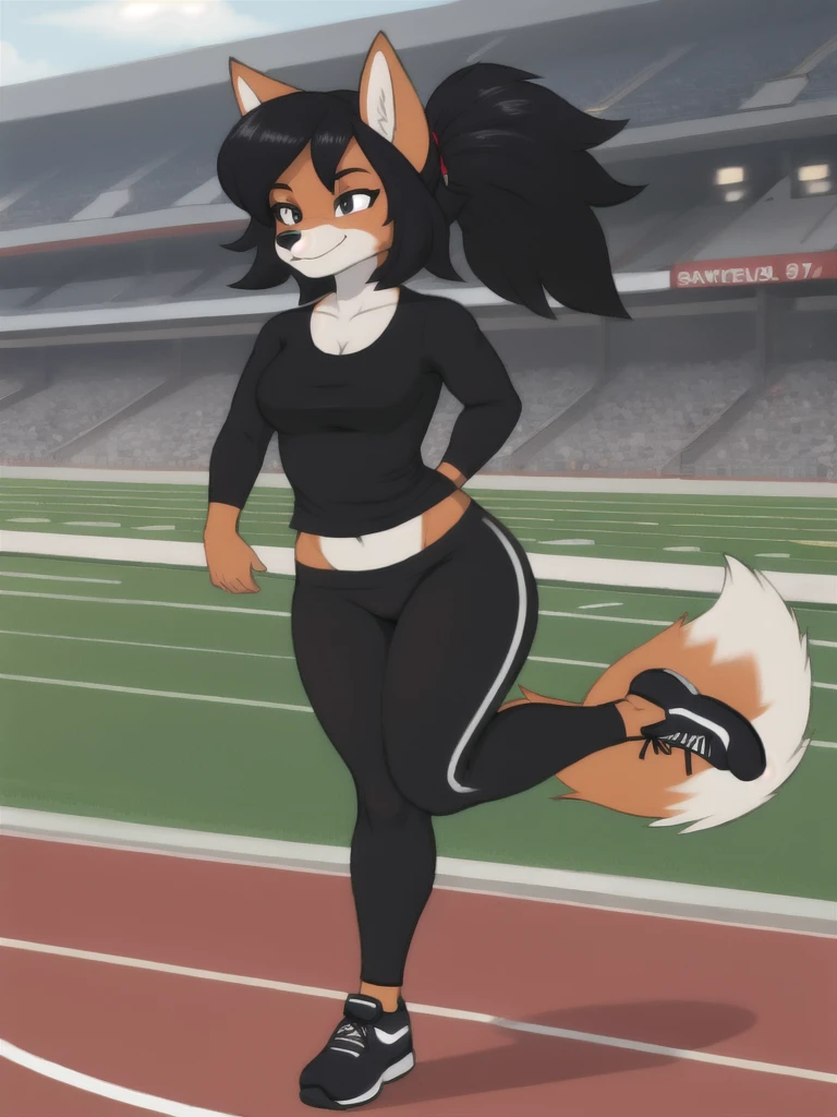Furry, fox, female, black shirt, black leggings, shoes, running track, solo, full body