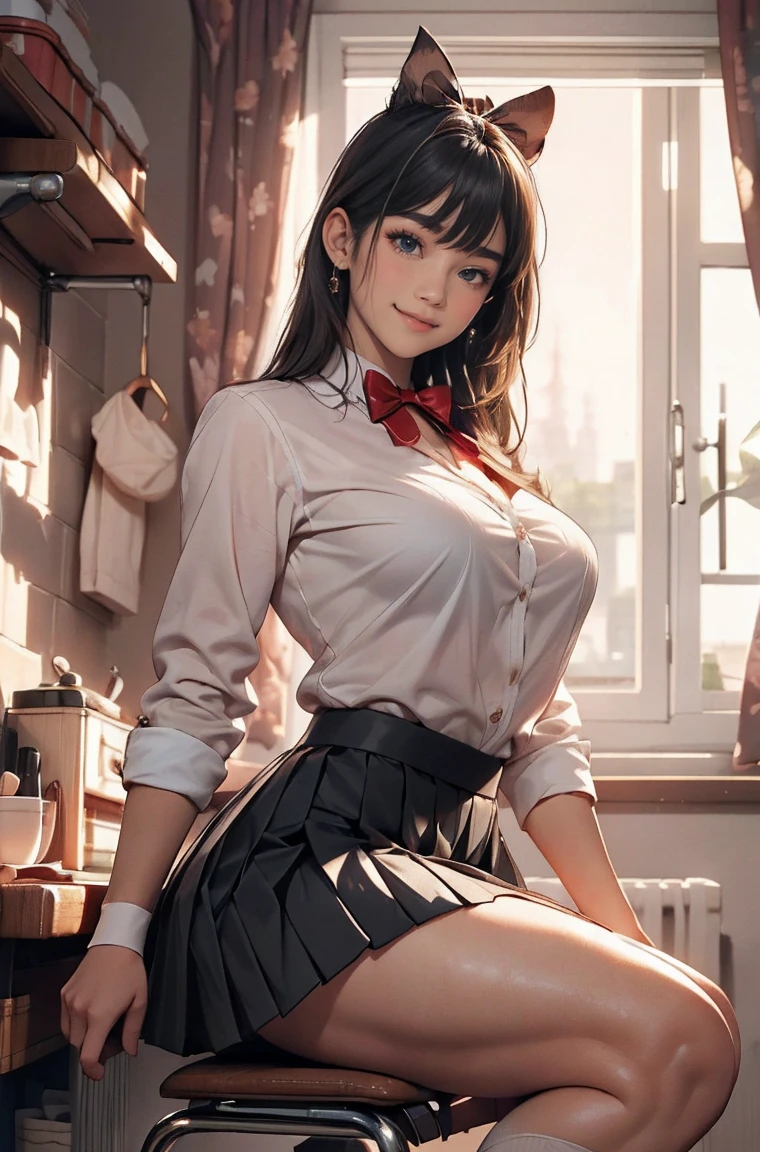 (masterpiece:1.2, top quality), (actual, photoactual:1.4), Beautiful illustration, (natural side lighting, movie lighting), NSFW, looking at the audience, Cowboy shooting, Front view:0.6, An extremely beautiful 16 year old Japanese woman, high school, perfect face, cute symmetrical face, shiny skin, blush (Bangs, long hair, messy hair:1.2, black hair, No headband), Hair between the eyes, Purple Eyes, Eyelash extension tool, (Large Breasts:1.3, Thick thighs), beautiful hair, Carefully groomed eyebrows,  pretty face, Beautiful and delicate eyes, Mole under the eye, Beautiful collarbone, Beautiful body, Beautiful, Beautiful thighs, Beautiful legs, beautiful fingers, ((white collar shirt, Black pleated mini skirt, Wear black socks on both legs, Red bow tie)), (Beautiful scenery), classroom, table, Chair, curtain, sittingonchair, Place your hand on your mouth, (Close your mouth, Seductive smile, Head tilt),