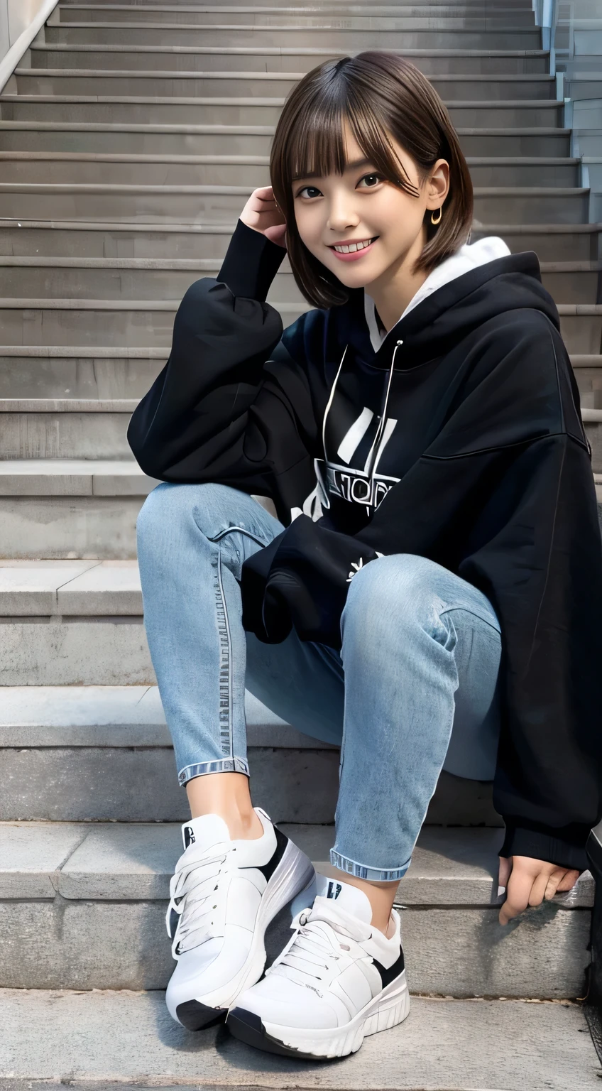 highest quality, Realistic, Very detailed, Finer details, High resolution, 8k wallpaper, One beautiful woman,Sit on the stairs、smile、（Beautiful teeth alignment、）（Gums are visible） Oversized hoodie, Skinny jeans,（ Black sneakers）Light brown hair、Short Haircut、 Beautiful Bangs、ear piercing、Perfect dynamic composition, Beautiful and detailed, Full Body Shot, A big smile

