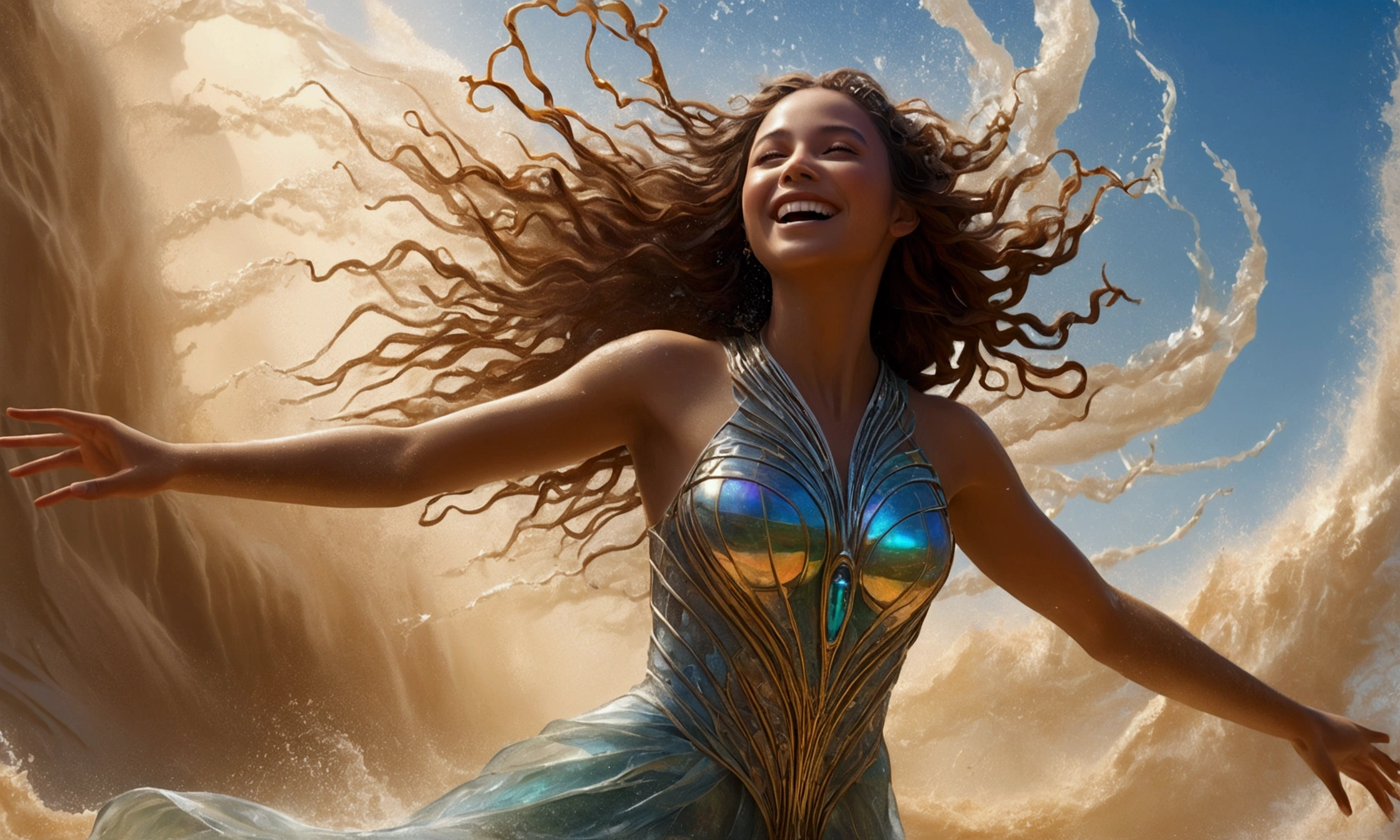  smiling gracefully, Gigantic transparent girl made of water, roars, dripping water, digital oil painting, unrealistic impressionistic fantasy art, intricate details, swirling wind in sandstorm, intricate details of sand particles in the air, beams of sky light, 4k resolution concept art, surreal, fantasy, science fiction, hyperrealistic. Cinematic lighting, dynamic pose, high resolution, incredible CG visual effects from WETA studios, double negatives, ILM., broken glass effect, no background, stunning, something that doesn't even exist, mythical being, energy, molecular, textures, iridescent and scales luminescent, breathtaking beauty, pure perfection, divine presence, unforgettable, impressive, breathtaking beauty, volumetric light, auras, rays, vivid colors reflect