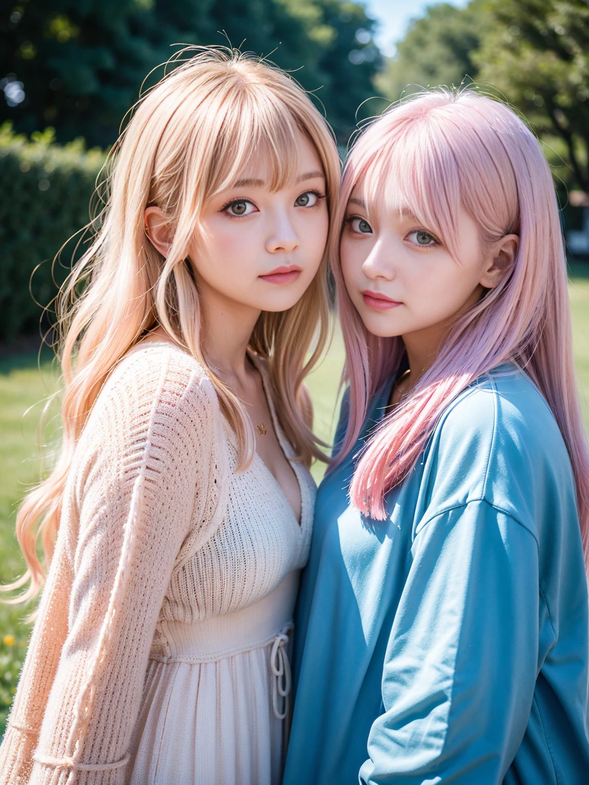 Ai Hoshino, beige pink hair, Blue Hair,Long Hair, favorite , Beautiful, shining eyes, Stars in my eyes, Idol, ２By people, 2 girls, Long pink hair